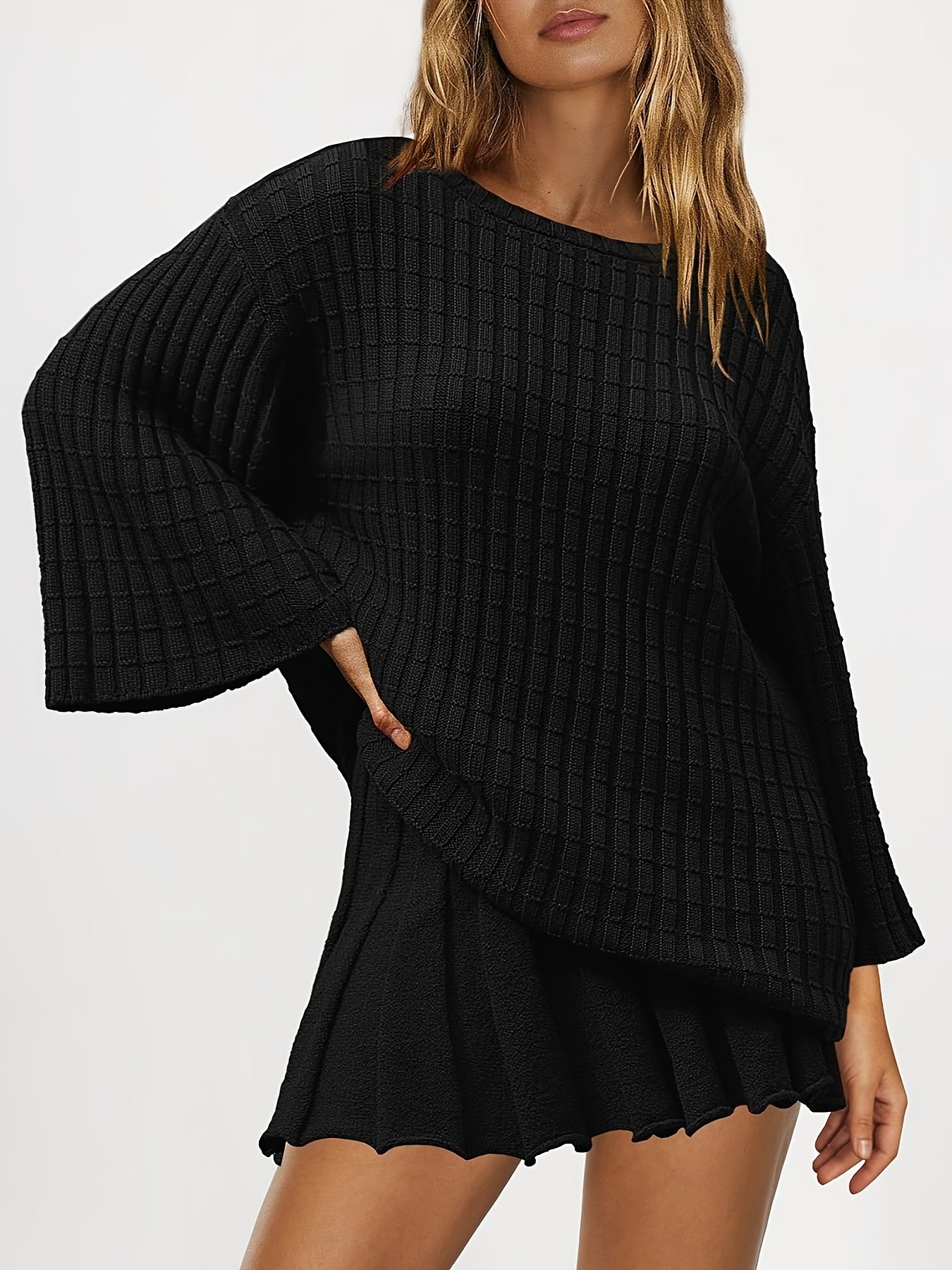 Womens Sweater Skirt Set 2pcs Outfits Long Sleeve Pullover Top Ribbed Knit Lounge Dresses