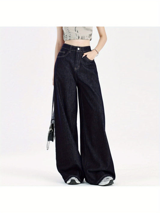 Stylish High-Waist Jeans High-Waist Wide-Leg Jeans for Women | Dark Blue Loose Fit Draped Denim Pants with Pockets, Relaxed American Style, Comfortable Fashion, Durable Fabric
