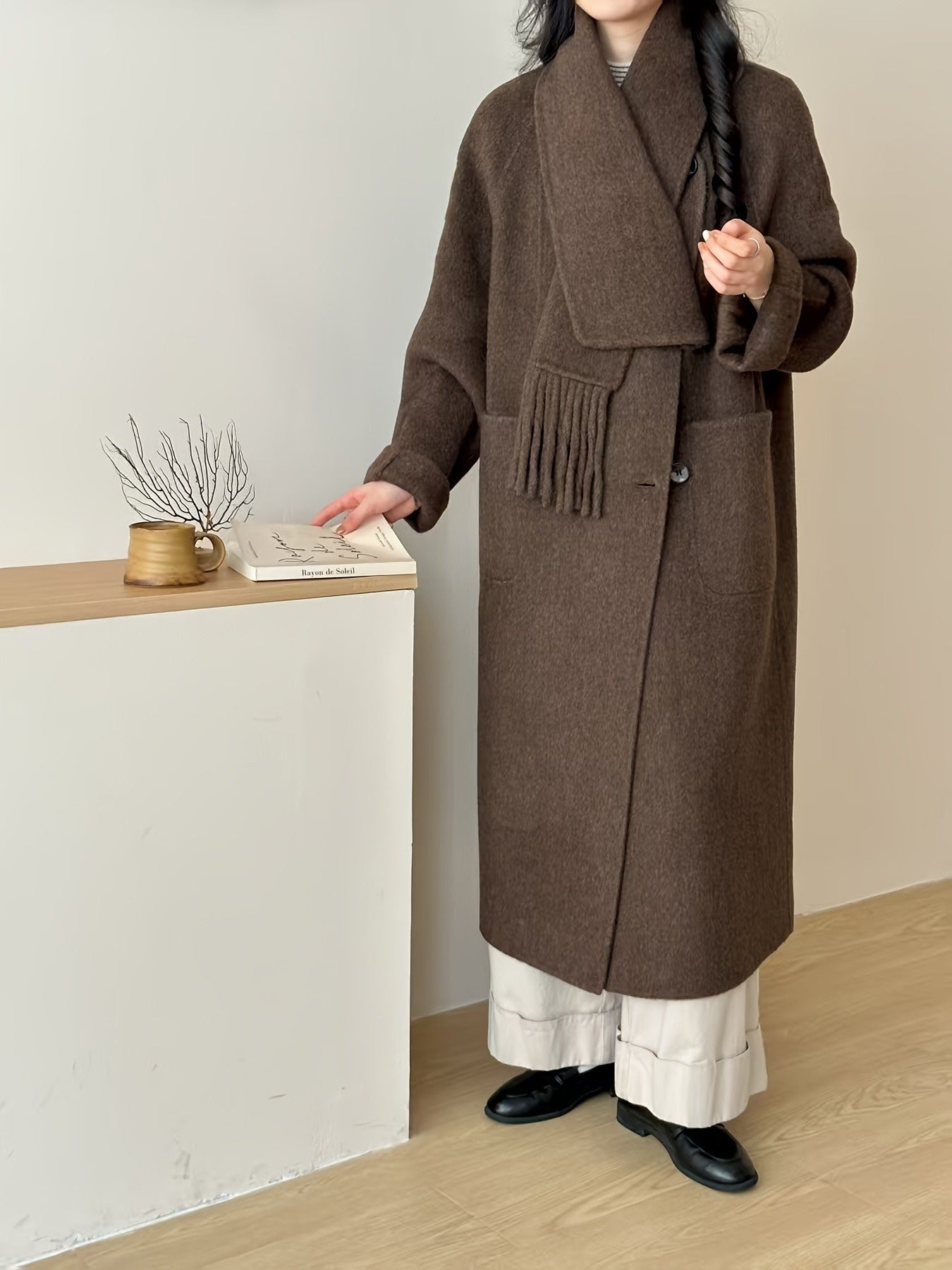 Women'S Elegant Brown Trench Coat with Fringe Detail - Versatile Fall\u002FWinter Outerwear, Long Sleeve, Button-Up Front, Perfect for Casual or Commuting, Casual Winter Wear | Fringe Detail Coat | Buttonup Coat