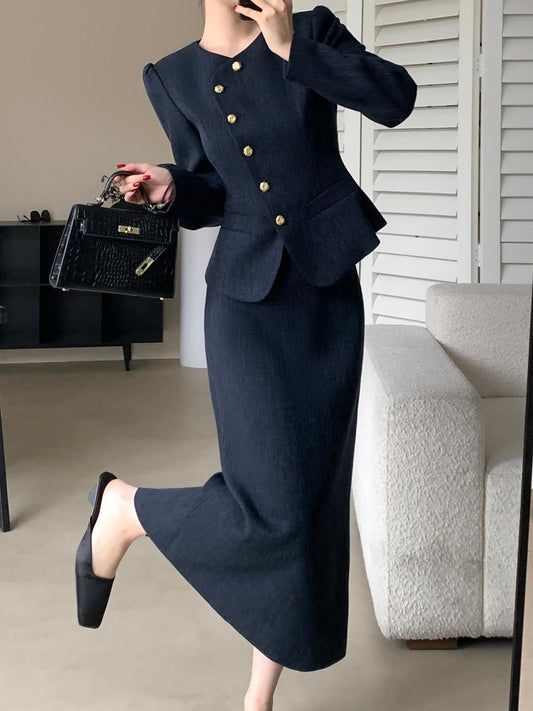 Women'S Professional Business Suit Set - Navy Blue & Golden-Tone Blazer and Pencil Skirt, Structured Office Outfit for Job Interviews, Formal Events - Elegant Formal Attire