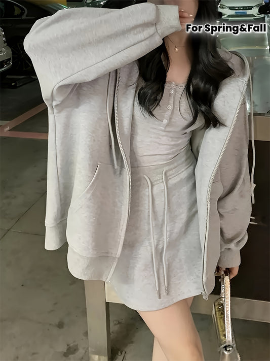 Women'S Casual Gray Hooded Jacket with Kangaroo Pocket - Zip-Up Long Sleeve, Drawstring Hood, Lightweight Polyester for Spring & Fall, Casual Wear Hoodie