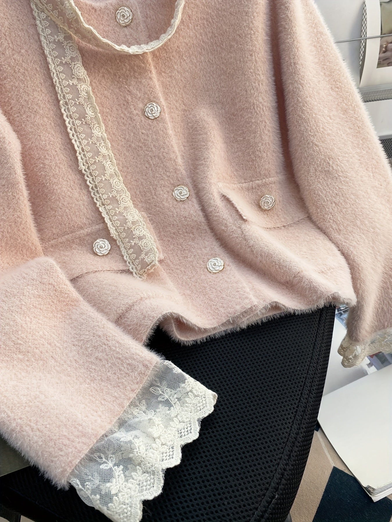 Women's Elegant Soft Pink Lace Trim Jacket - Round Neck Single-Breasted Double Pocket Blazer with Fringe-Free Lace Edges, Versatile All-Season Long Sleeve Coat for Casual & Formal Outfits, Hand Washable Medium Stretch Fabric