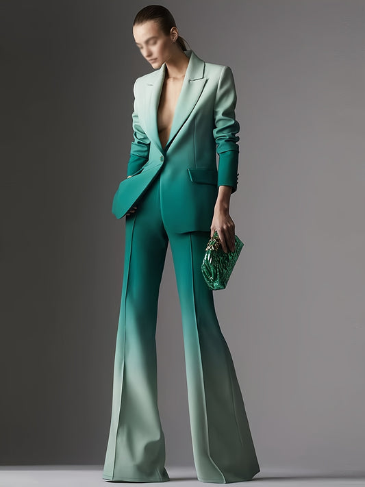 A Stylish And Elegant Women'S Two-Piece Set Featuring a Gradient Color Printed Single-Button Blazer And Flared Pants.