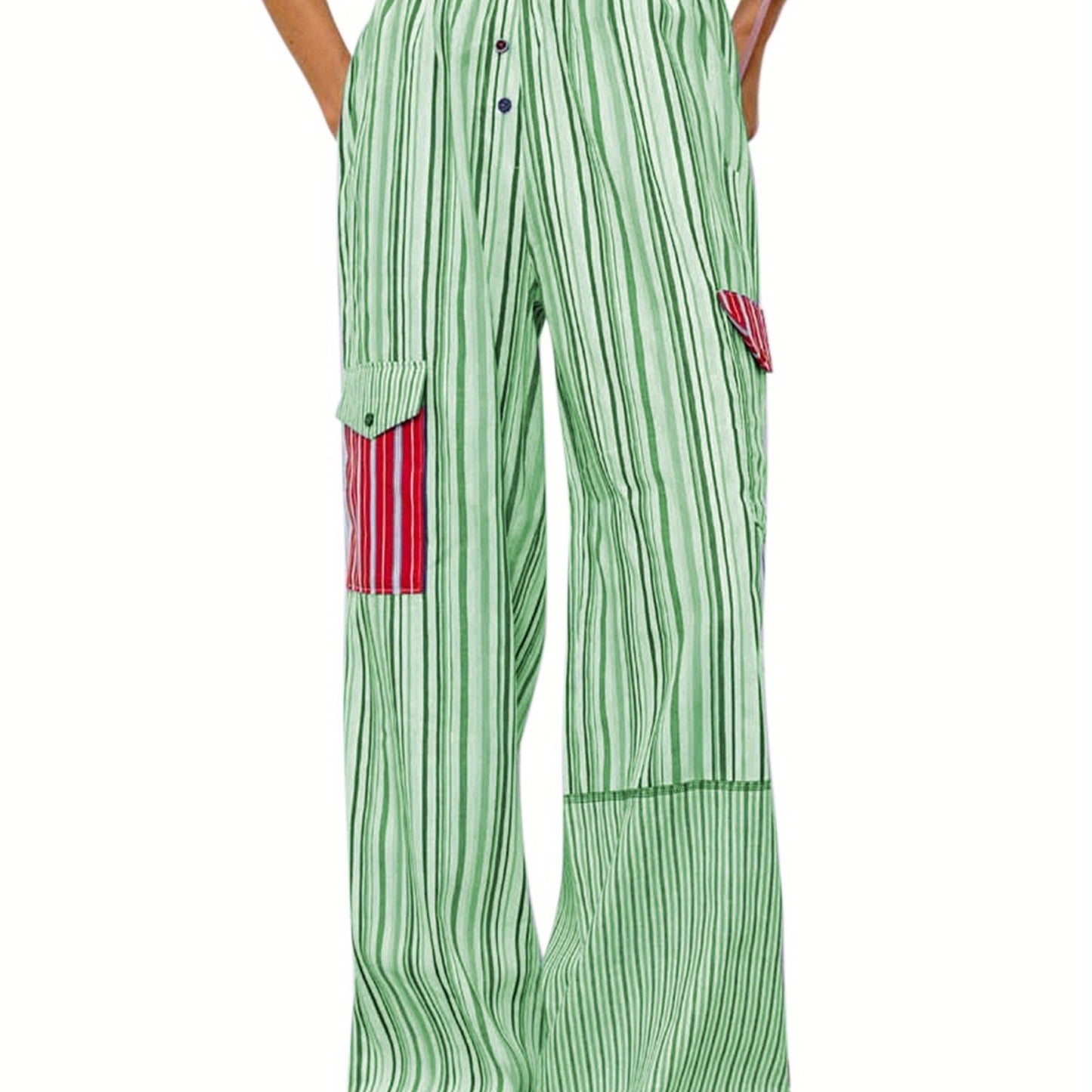 1pc Women'S Casual Striped Wide Leg Pants, Elastic Waist Loose Trousers with Pockets, Spring\u002FAutumn Streetwear for Adults