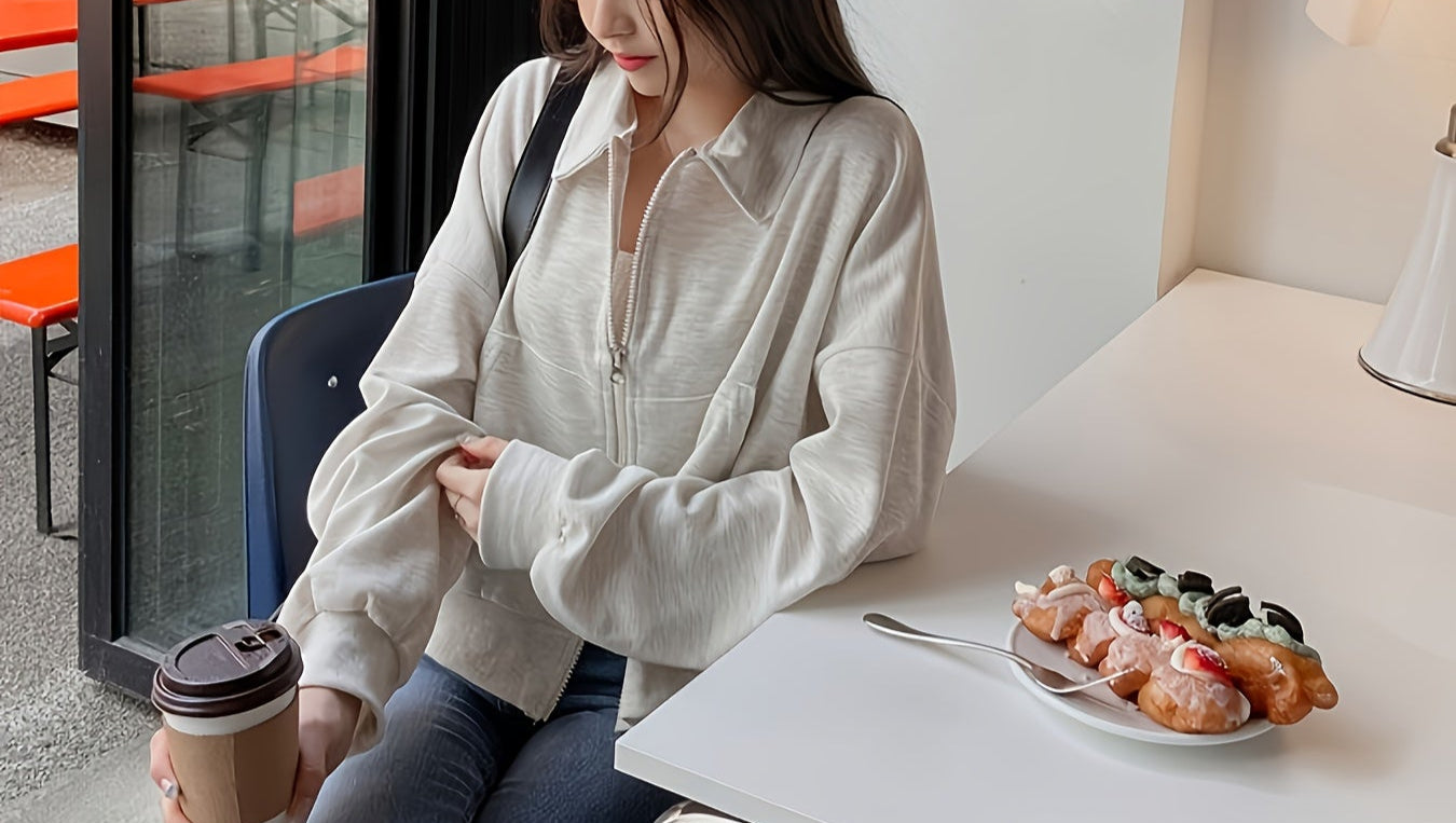 Women'S Chic Korean-Inspired Double-Zip Front Zip-Up Cardigan - Loose Fit Long Sleeve Open Front Jacket with Lapel Collar, Solid Color Spring Summer Fall Layering Piece for Casual or Stylish Outfits, Versatile Fashion, Durable Fabric