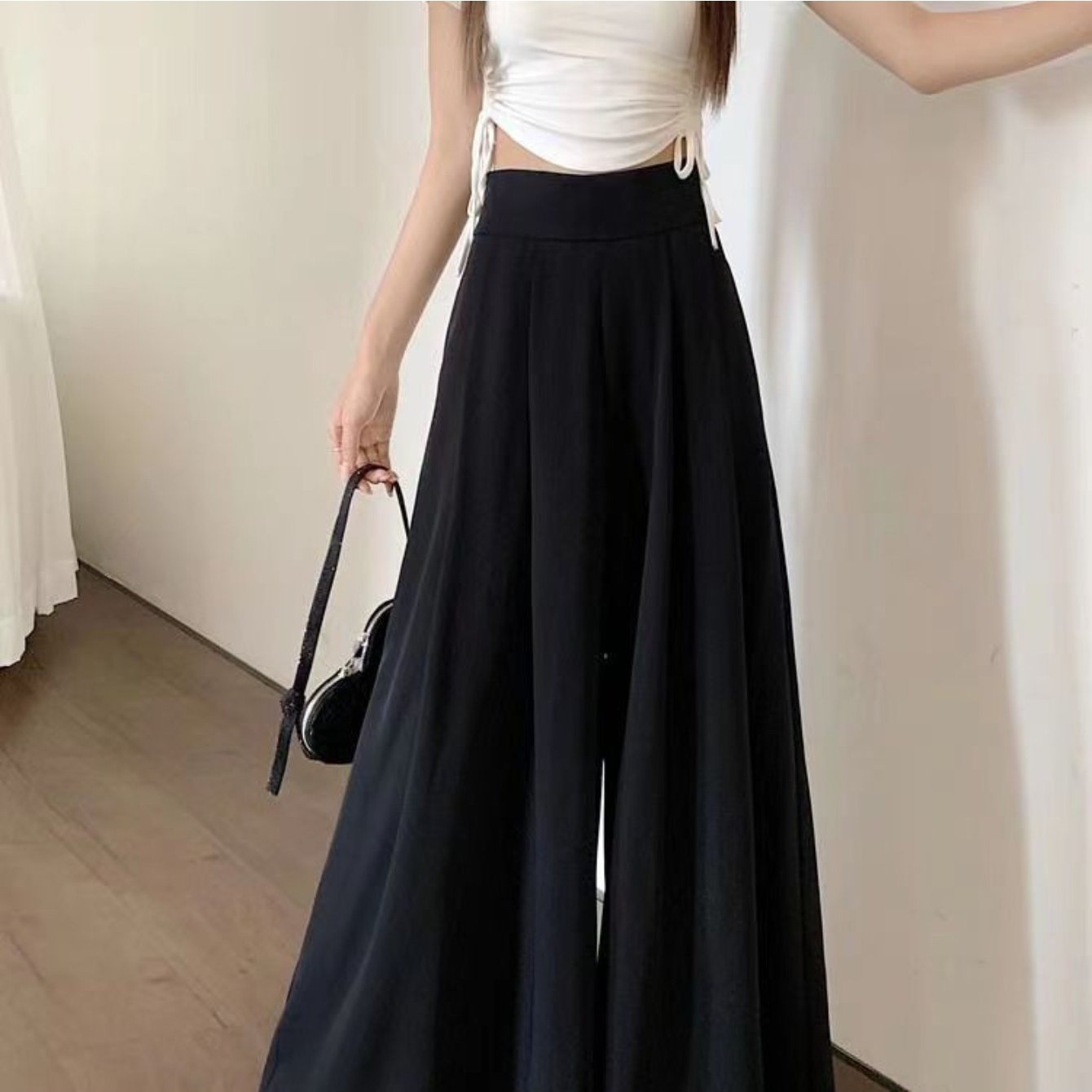 Women'S High-Waist Wide-Leg Pants - Lightweight 150g\u002Fm² Polyester, Solid Color Black, Casual Style, High Elasticity, Machine Washable, Perfect for Spring & Summe