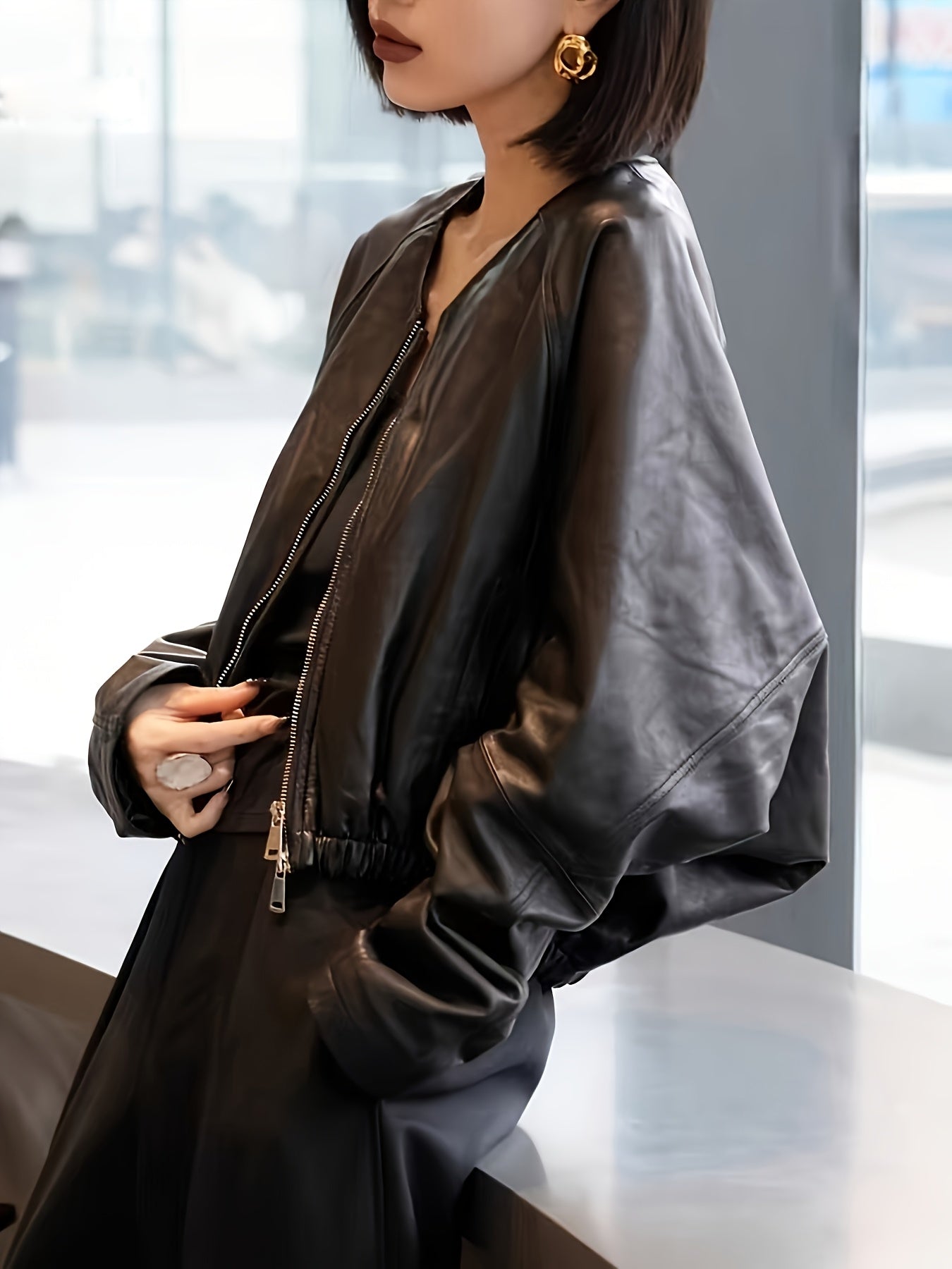 Women'S Black Jacket - Casual Loose Fit with Adjustable Drawstring Waist, Batwing Sleeves, and Golden-Tone Zipper, Perfect for Spring\u002FSummer\u002FFall
