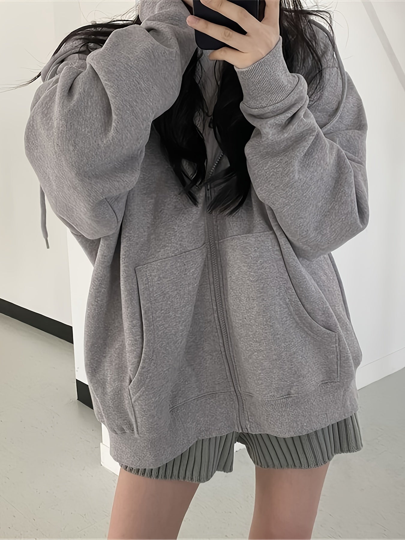 Women's Thickened Fleece Zippered Hooded Sweatshirt Jacket - Oversized Loose Fit Winter Warm Coat with Pockets, Grey Cardigan for Gym, Training & Casual Wear, Full-Zip Closure (No)