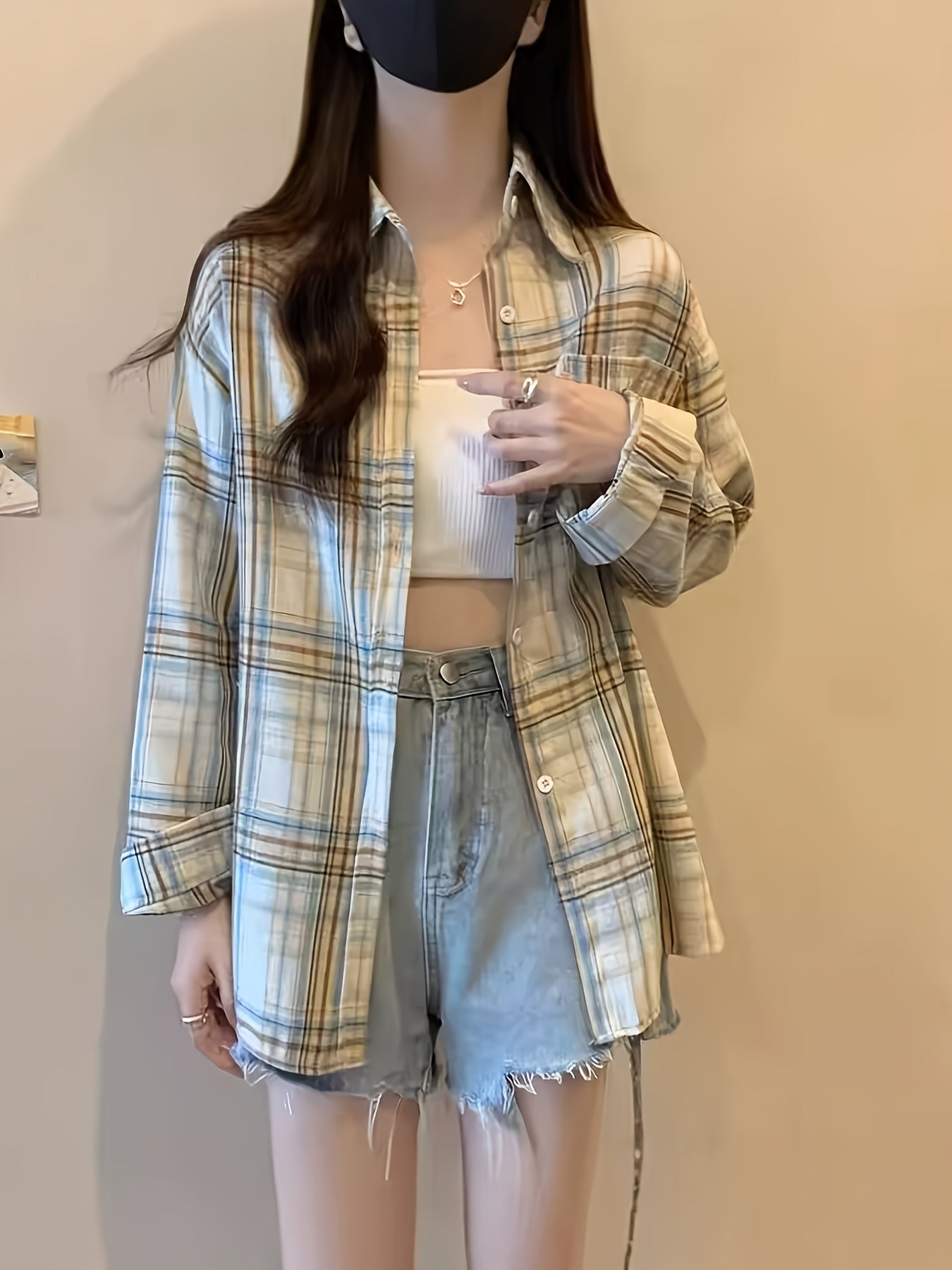 Women's Lightweight Plaid Shirt Jacket - Casual Long Sleeve Sun-Protective Coat with Button- Front, Loose Fit for Spring & Fall, Polyester Blend, Machine Washable