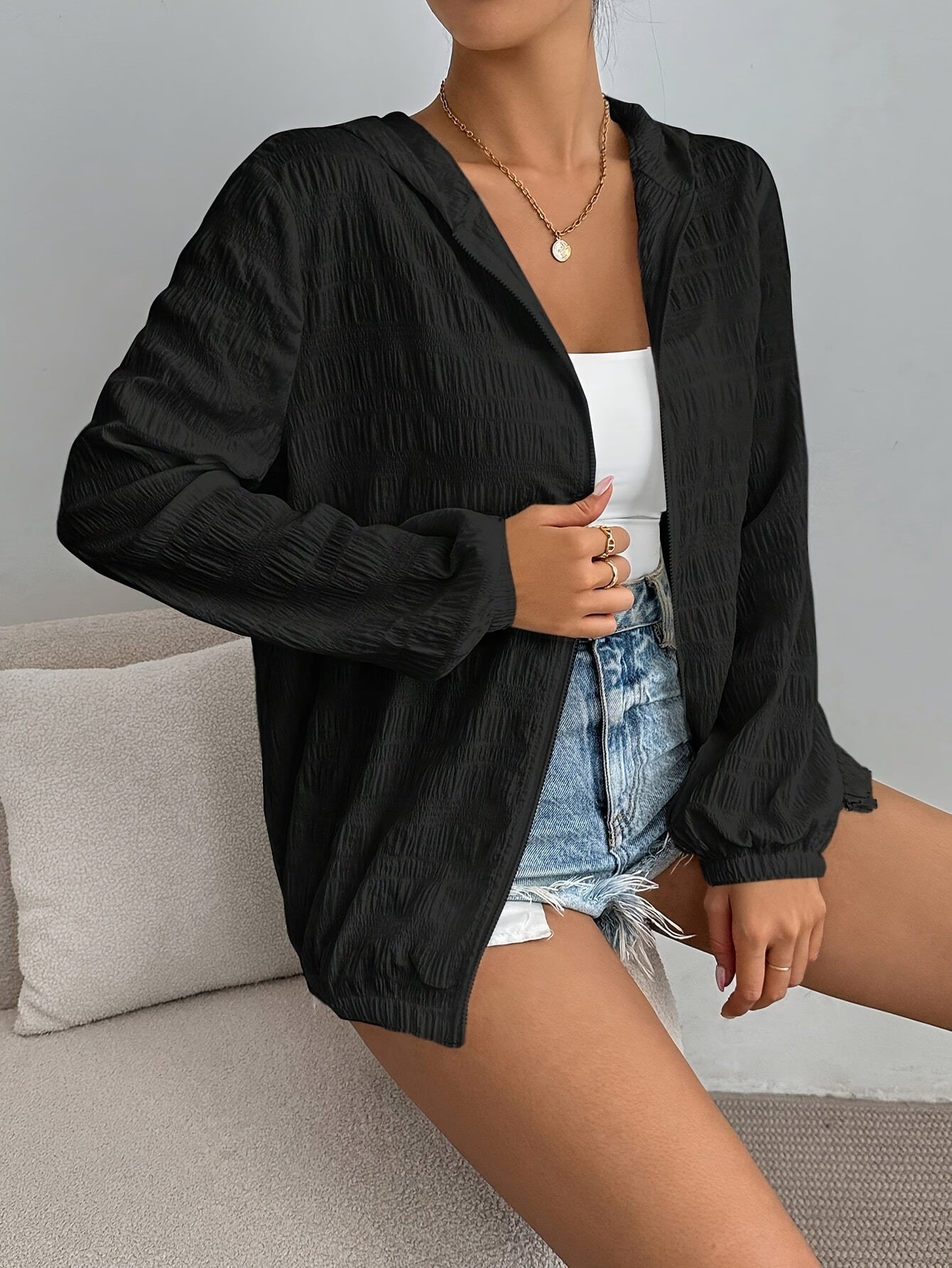 Women'S Elegant Zipper Hooded Jacket - Long Sleeve, Solid Black, Casual Chic Style for Spring\u002FFall, Lightweight & Stylish Outerwear, Casual Chic Jacket | Zipper Closure | Lightweight Jacket