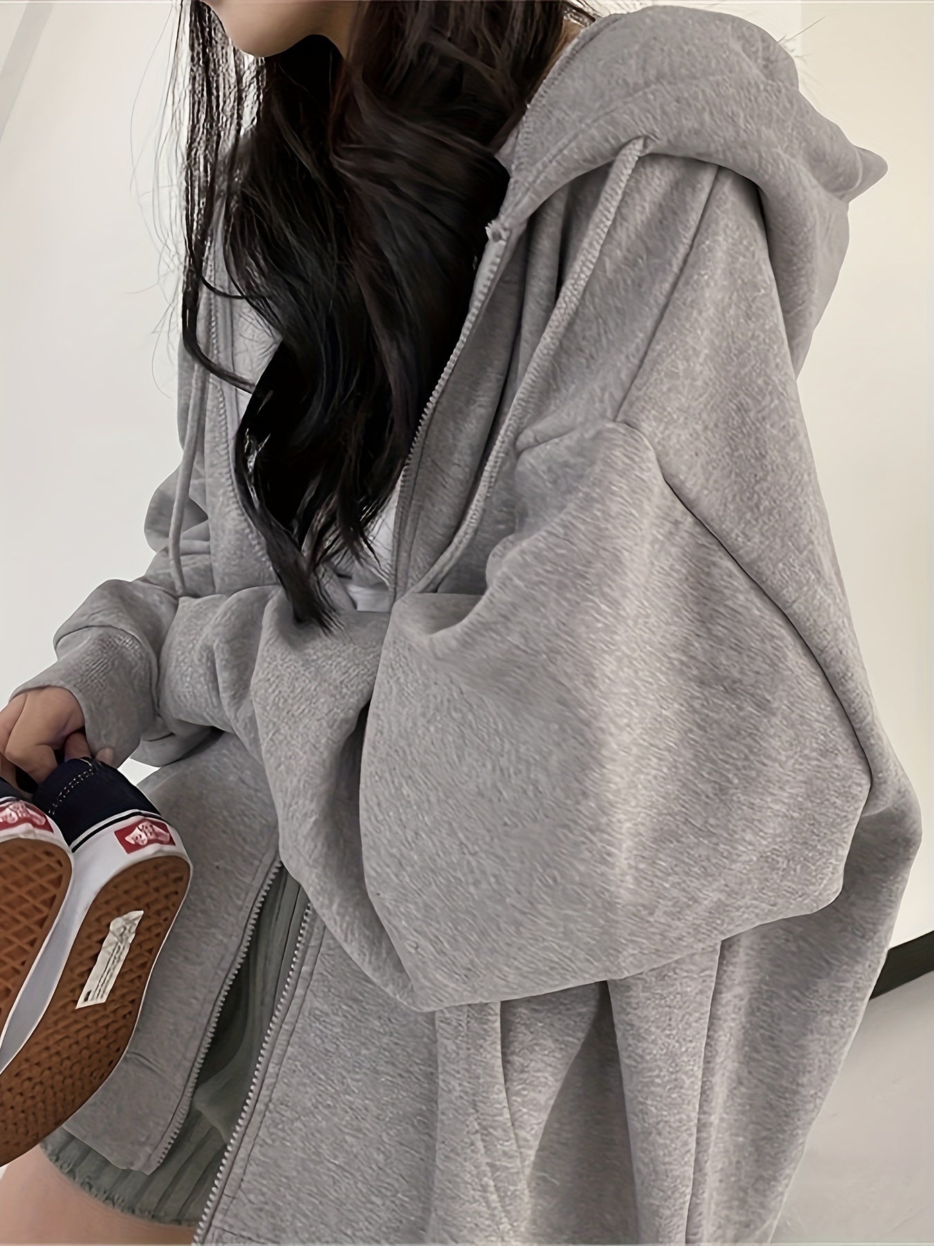 Women's Thickened Fleece Zippered Hooded Sweatshirt Jacket - Oversized Loose Fit Winter Warm Coat with Pockets, Grey Cardigan for Gym, Training & Casual Wear, Full-Zip Closure (No)