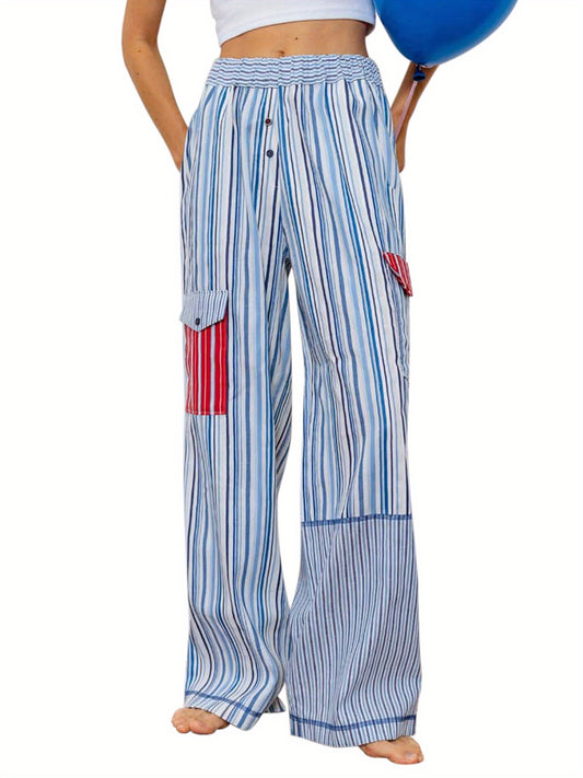 1pc Women'S Casual Striped Wide Leg Pants, Elastic Waist Loose Trousers with Pockets, Spring\u002FAutumn Streetwear for Adults