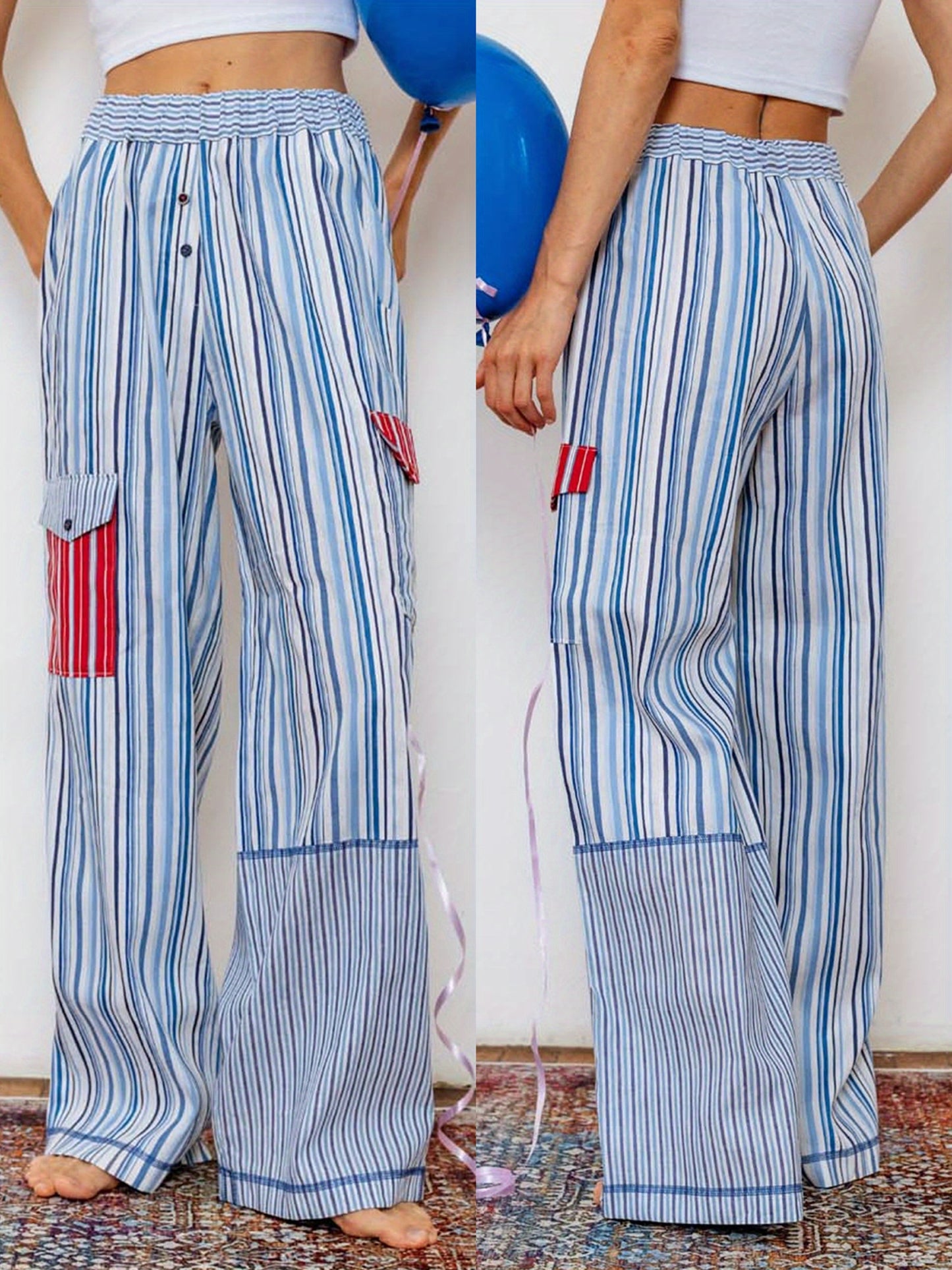 1pc Women'S Casual Striped Wide Leg Pants, Elastic Waist Loose Trousers with Pockets, Spring\u002FAutumn Streetwear for Adults