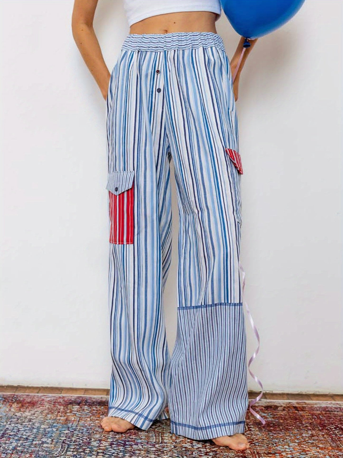 1pc Women'S Casual Striped Wide Leg Pants, Elastic Waist Loose Trousers with Pockets, Spring\u002FAutumn Streetwear for Adults