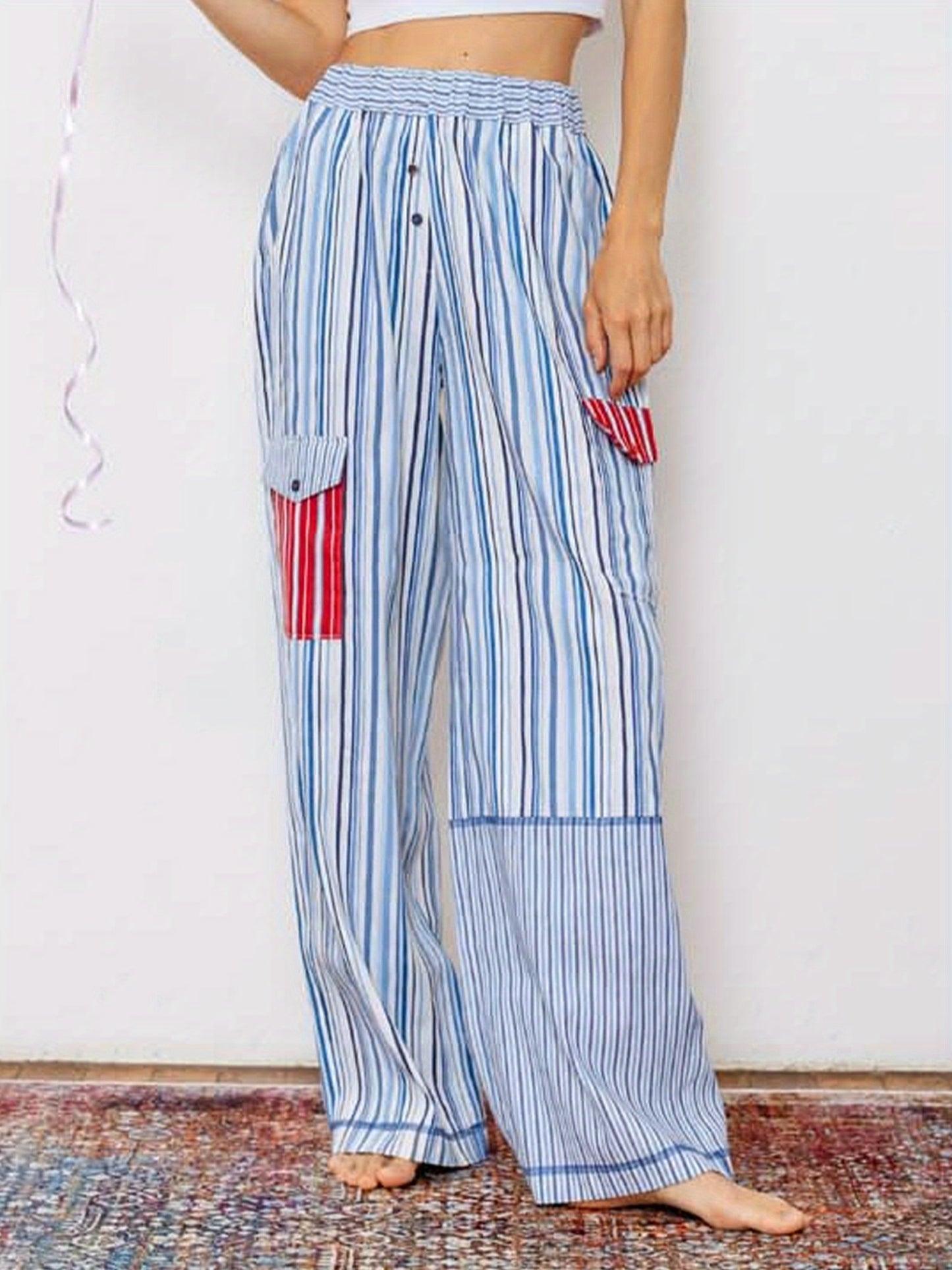 1pc Women'S Casual Striped Wide Leg Pants, Elastic Waist Loose Trousers with Pockets, Spring\u002FAutumn Streetwear for Adults