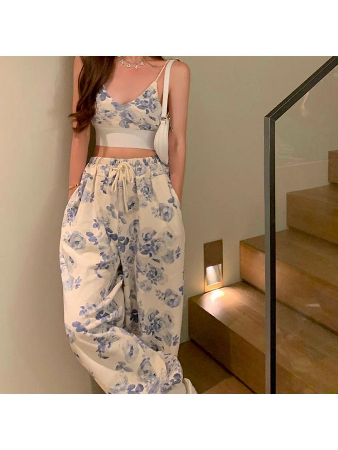 Women Casual 2pcs Temperament Pants Outfits Floral Print V-Neck Spaghetti Strap Camisole + Drawstring Elastic Waist Long Pants Set