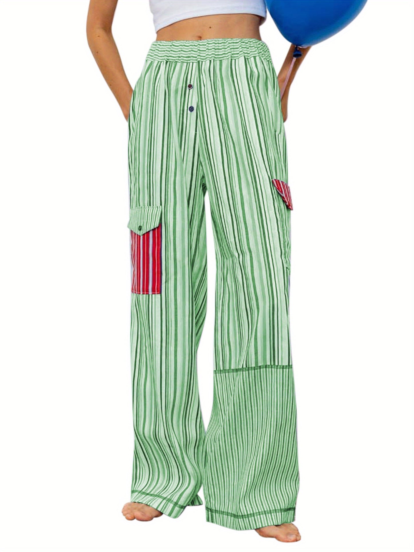 1pc Women'S Casual Striped Wide Leg Pants, Elastic Waist Loose Trousers with Pockets, Spring\u002FAutumn Streetwear for Adults