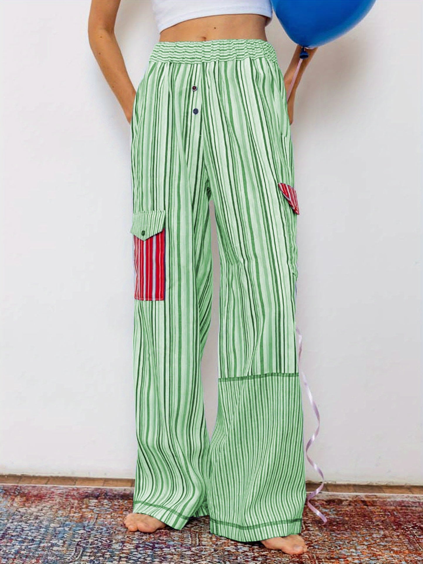 1pc Women'S Casual Striped Wide Leg Pants, Elastic Waist Loose Trousers with Pockets, Spring\u002FAutumn Streetwear for Adults