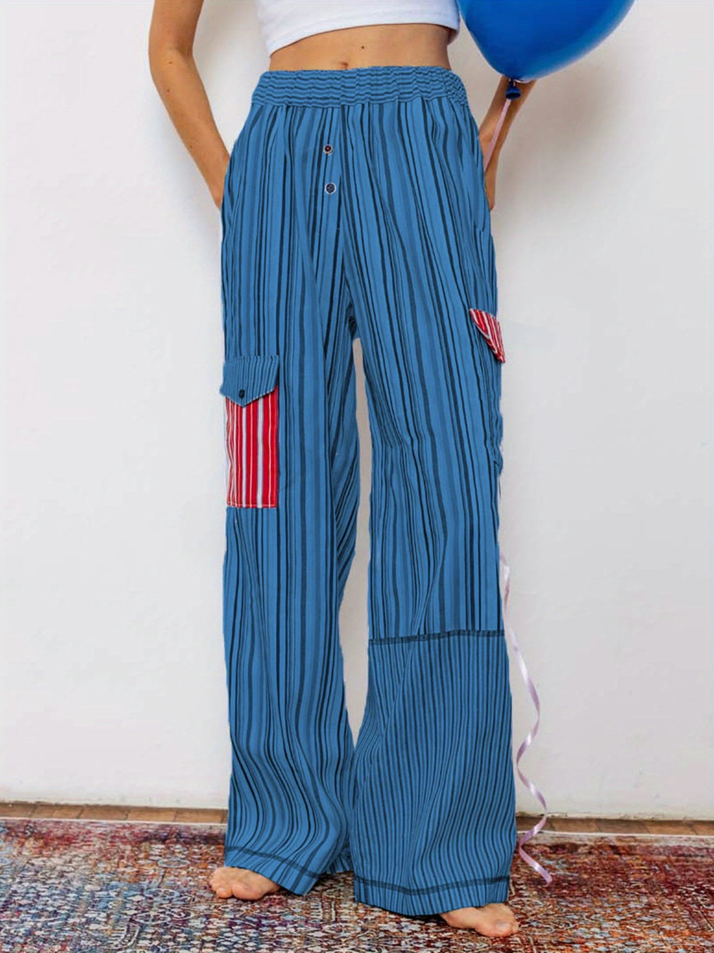 1pc Women'S Casual Striped Wide Leg Pants, Elastic Waist Loose Trousers with Pockets, Spring\u002FAutumn Streetwear for Adults