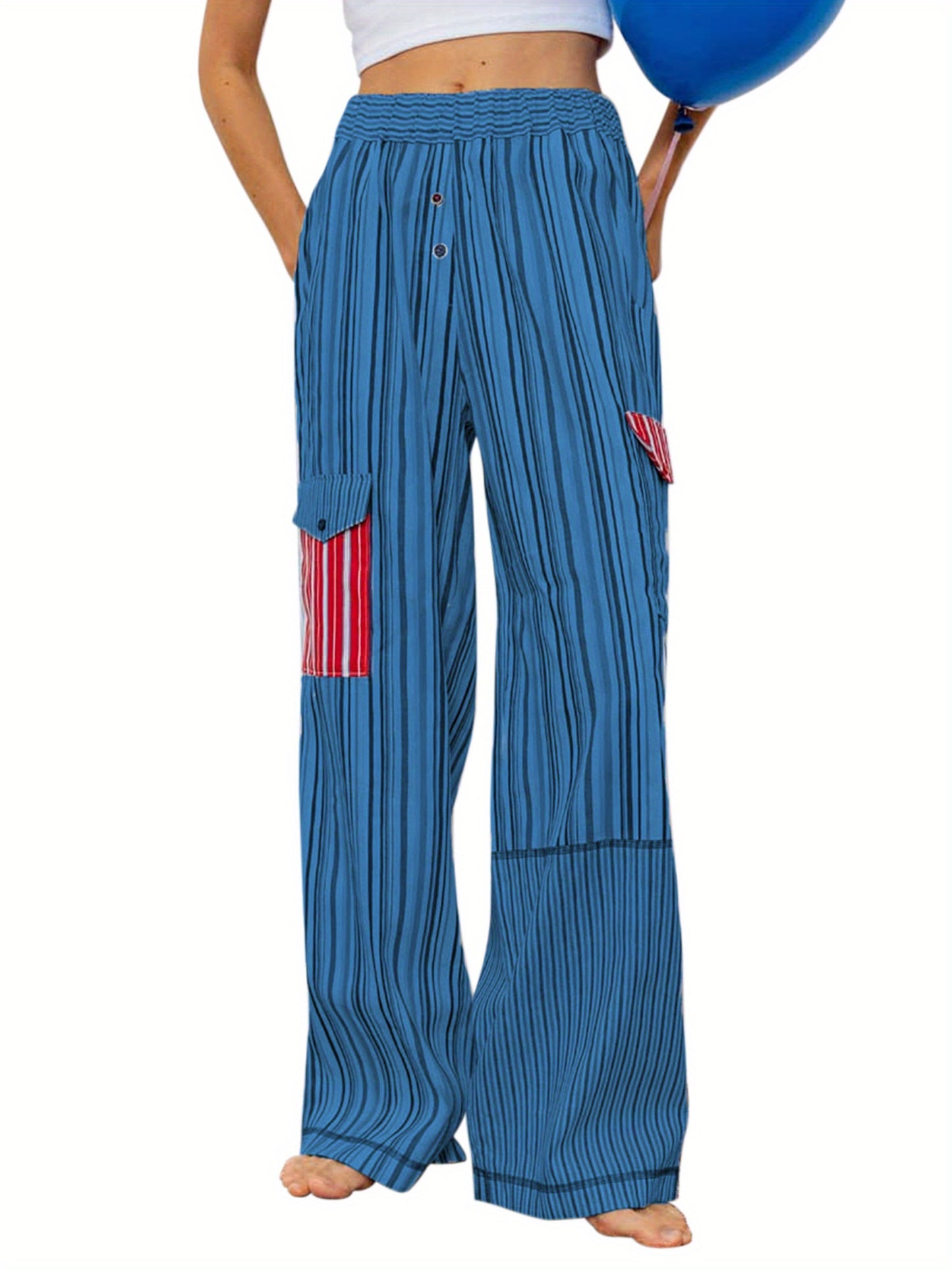 1pc Women'S Casual Striped Wide Leg Pants, Elastic Waist Loose Trousers with Pockets, Spring\u002FAutumn Streetwear for Adults