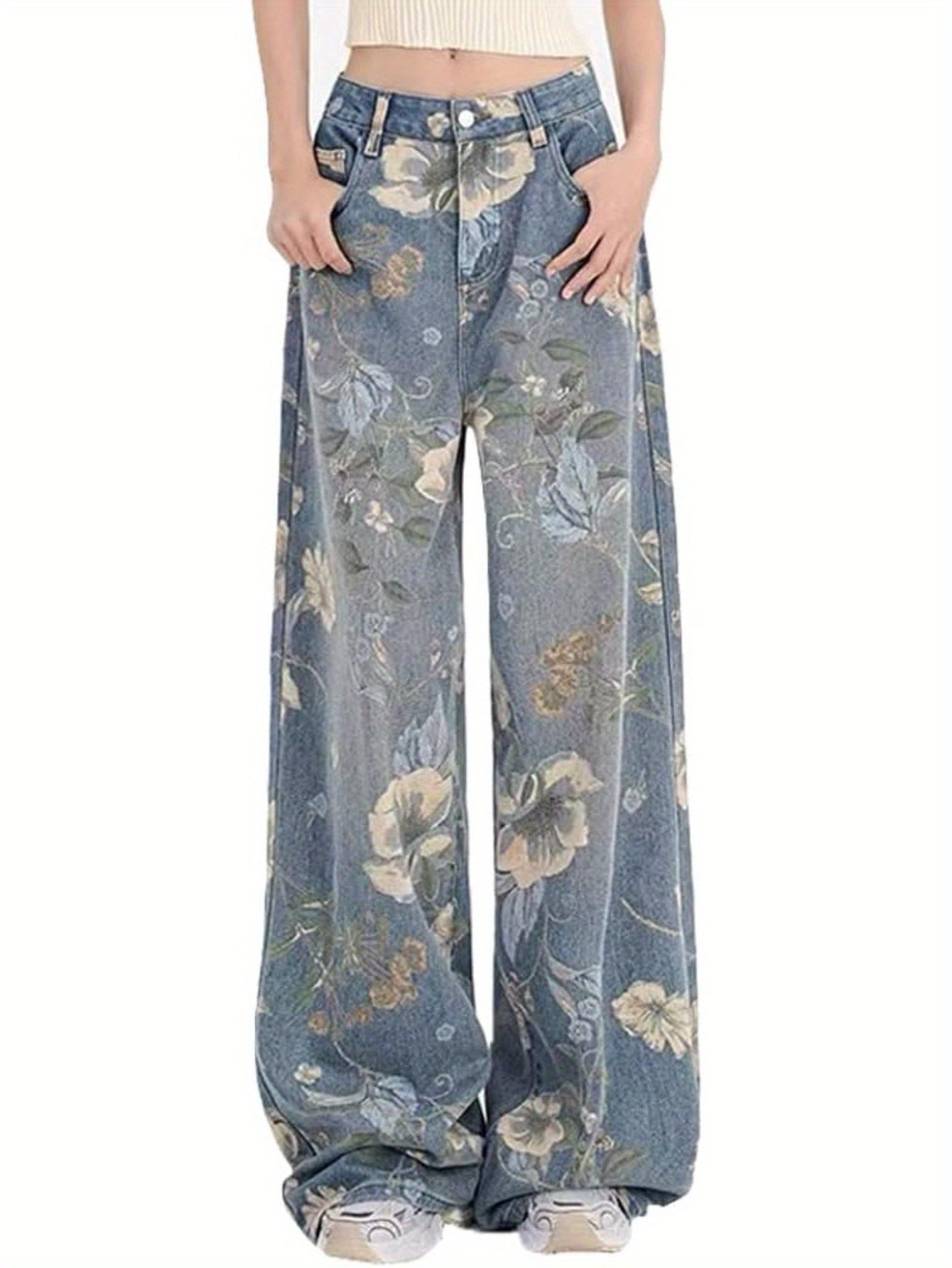 1pc Y2K 90s Inspired High-Waisted Wide Leg Faux Denim Faux Denim for Women, Casual Floral Washed Cotton Fabric, All-Season Straight Leg Non-Stretch Pants