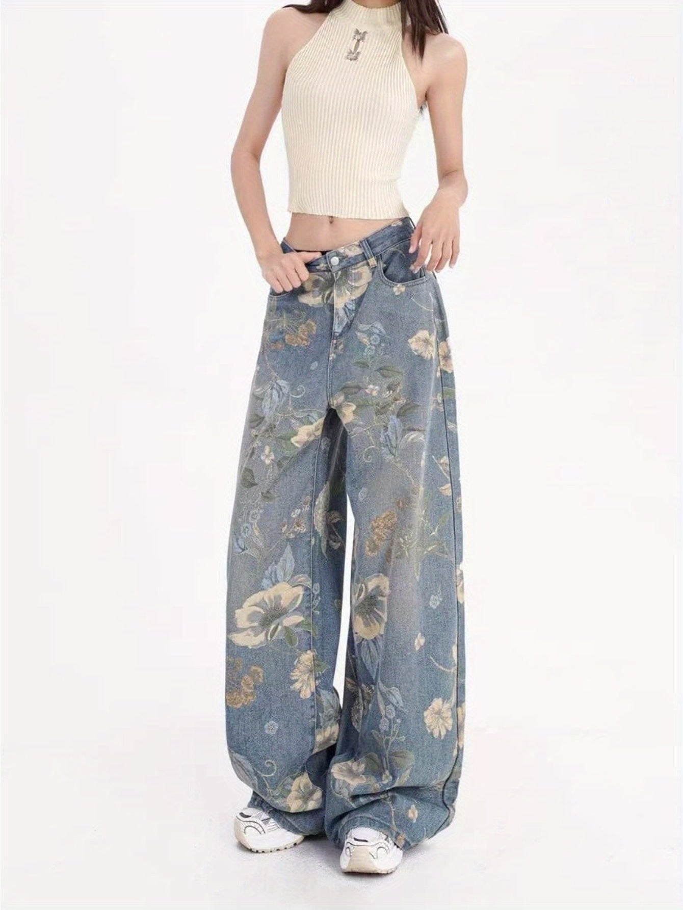 1pc Y2K 90s Inspired High-Waisted Wide Leg Faux Denim Faux Denim for Women, Casual Floral Washed Cotton Fabric, All-Season Straight Leg Non-Stretch Pants