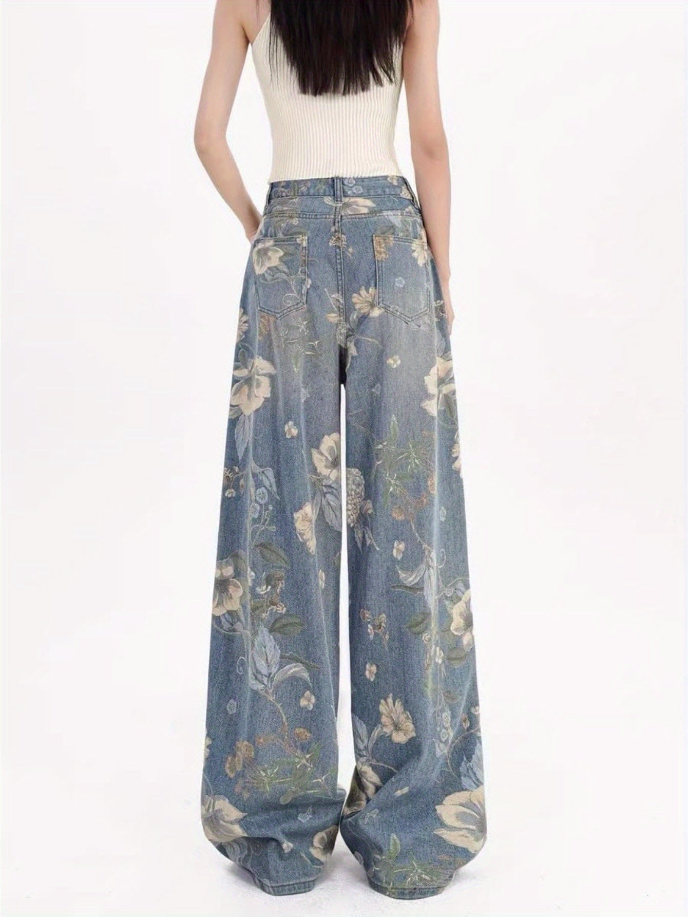 1pc Y2K 90s Inspired High-Waisted Wide Leg Faux Denim Faux Denim for Women, Casual Floral Washed Cotton Fabric, All-Season Straight Leg Non-Stretch Pants
