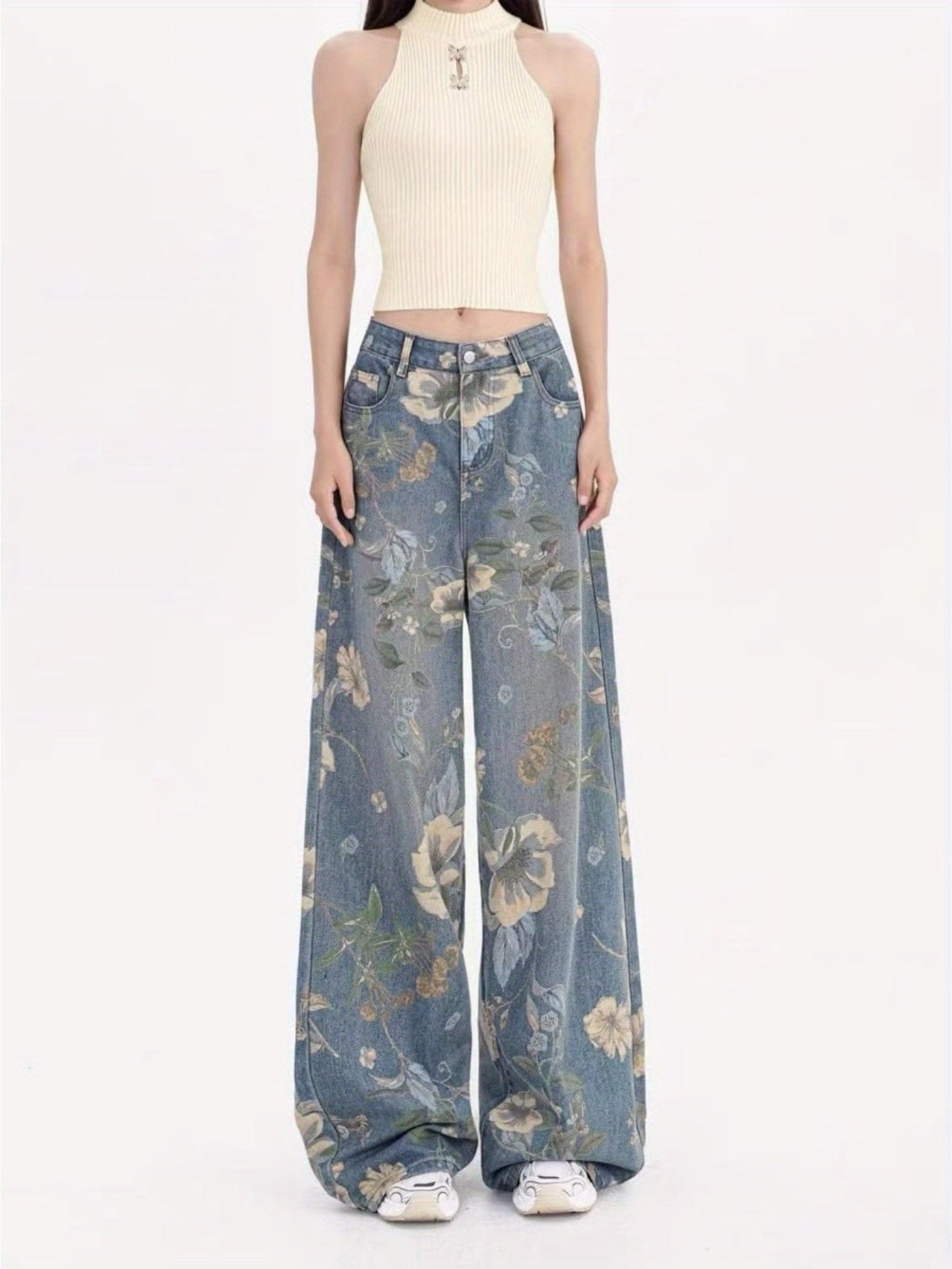 1pc Y2K 90s Inspired High-Waisted Wide Leg Faux Denim Faux Denim for Women, Casual Floral Washed Cotton Fabric, All-Season Straight Leg Non-Stretch Pants