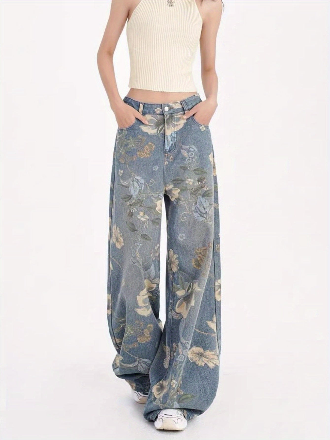 1pc Y2K 90s Inspired High-Waisted Wide Leg Faux Denim Faux Denim for Women, Casual Floral Washed Cotton Fabric, All-Season Straight Leg Non-Stretch Pants