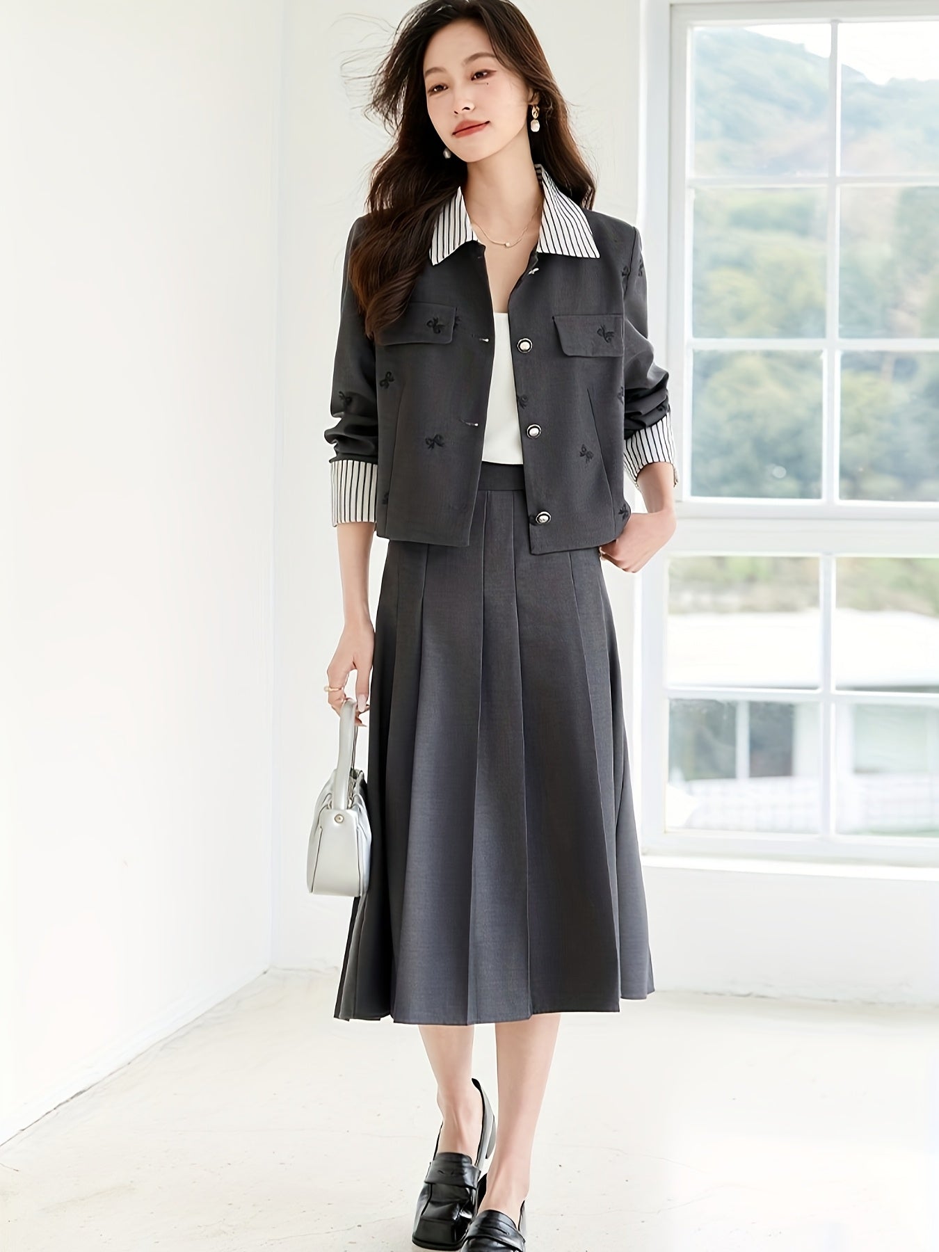 Elegant French-Inspired Butterfly Print Women'S Suit - Chic Black & White Striped Short Jacket with Embroidered Detail, Matching Midi Skirt Set for Spring\u002FFall, Button-Up, Non-Stretch Fabric
