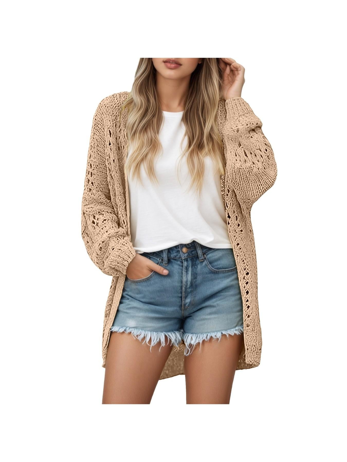 Women's Elegant Open Front Long Sleeve Cardigan Sweater Coat with Fringe Hem & Pockets - Soft Fall Winter Warm Coat, Casual to Semi-Formal Outwear, Solid Color & Contrast Trim (Dry Clean Only)