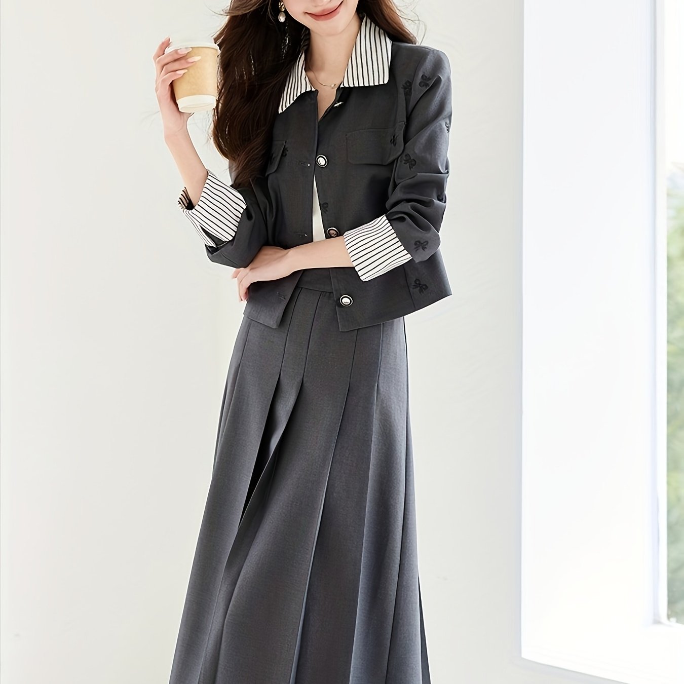 Elegant French-Inspired Butterfly Print Women'S Suit - Chic Black & White Striped Short Jacket with Embroidered Detail, Matching Midi Skirt Set for Spring\u002FFall, Button-Up, Non-Stretch Fabric