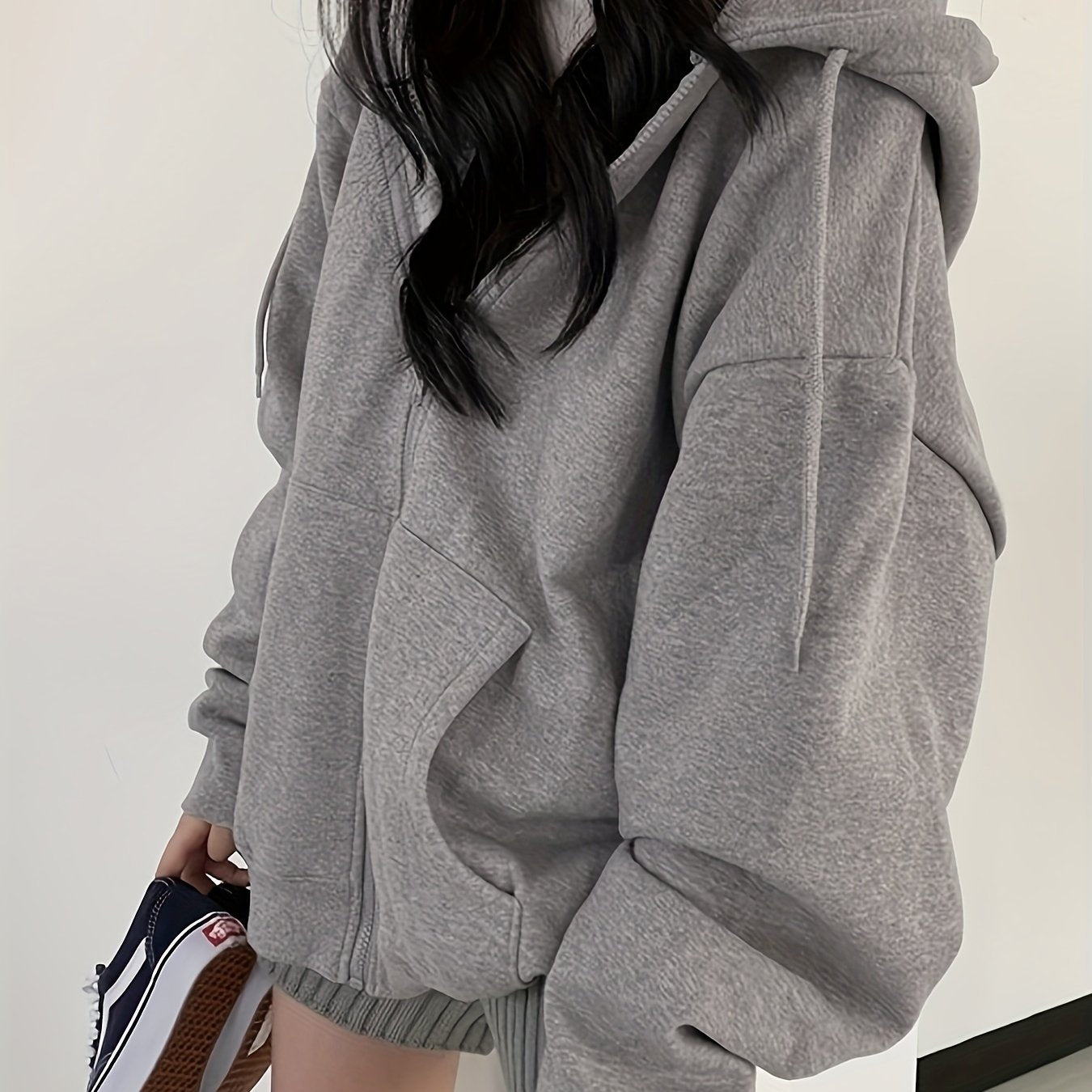 Women's Thickened Fleece Zippered Hooded Sweatshirt Jacket - Oversized Loose Fit Winter Warm Coat with Pockets, Grey Cardigan for Gym, Training & Casual Wear, Full-Zip Closure (No)