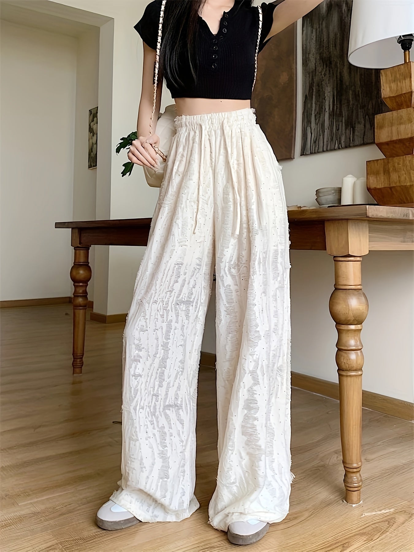 Solid Wide Leg Wide Leg Pants, Casual Ripped Holes Tied Elastic Waist Comfy Pants For Summer & Fall, Women's Clothing
