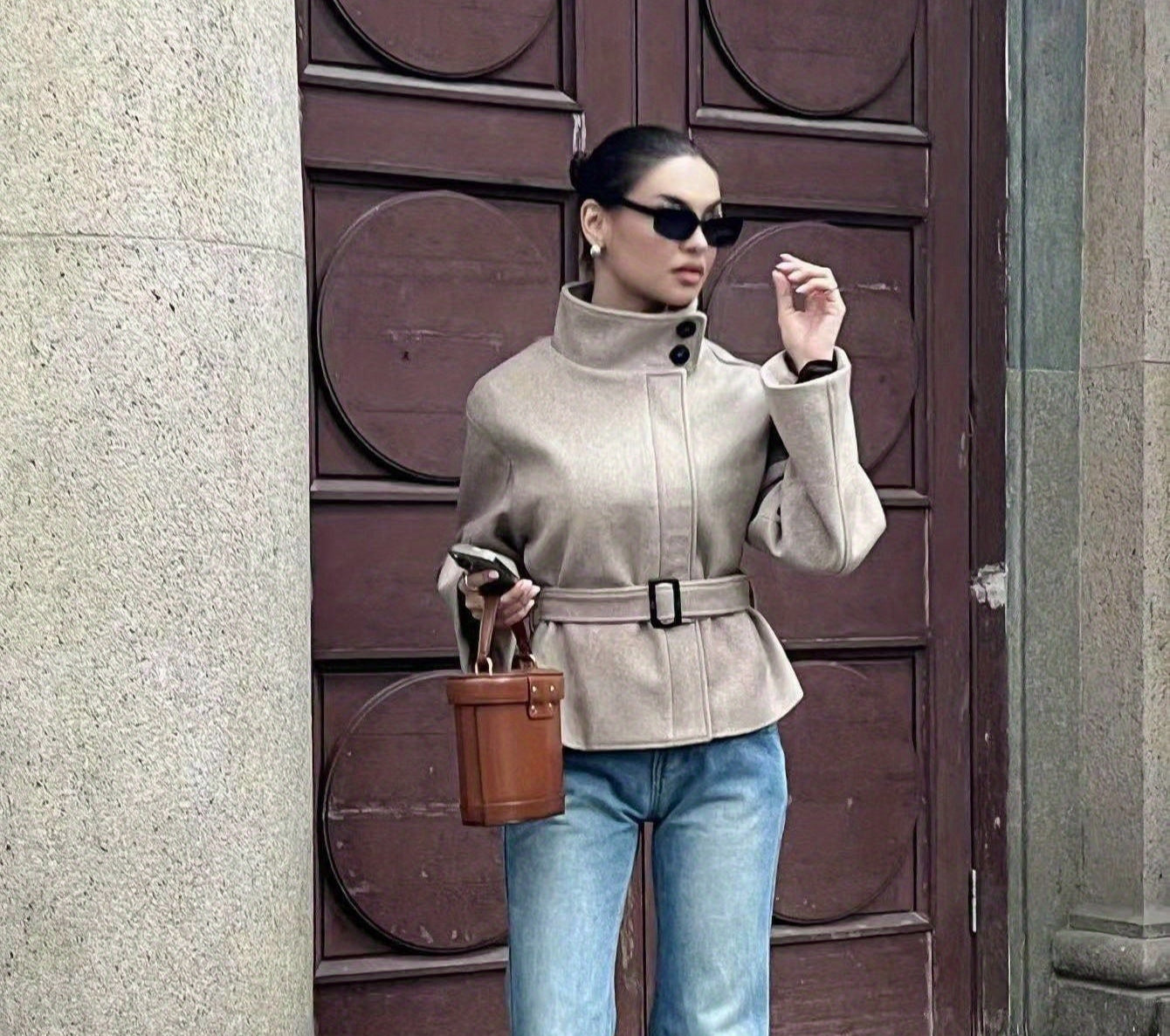Autumn/Winter Elegant Stand Collar Tweed Belt Waist Coat Jacket Casual Fashion Long Sleeve Women's Outerwear