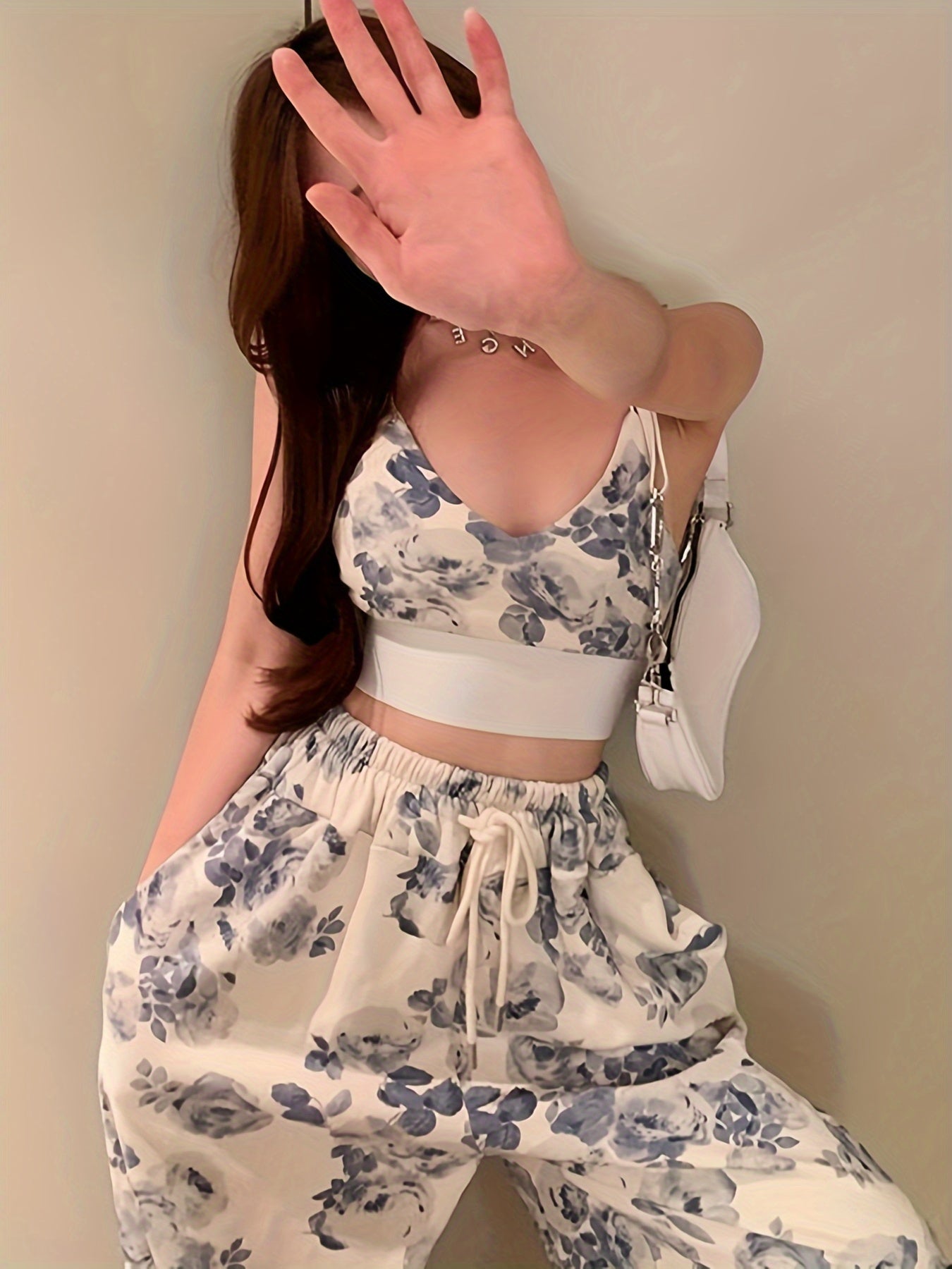Women Casual 2pcs Temperament Pants Outfits Floral Print V-Neck Spaghetti Strap Camisole + Drawstring Elastic Waist Long Pants Set