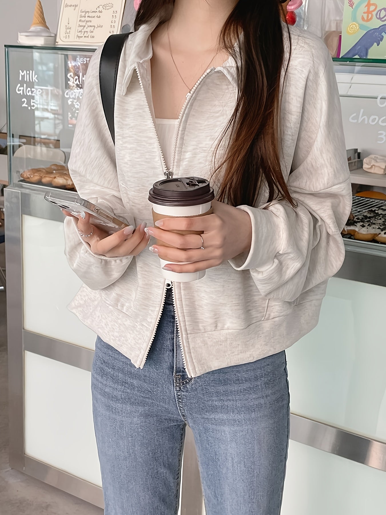 Women'S Chic Korean-Inspired Double-Zip Front Zip-Up Cardigan - Loose Fit Long Sleeve Open Front Jacket with Lapel Collar, Solid Color Spring Summer Fall Layering Piece for Casual or Stylish Outfits, Versatile Fashion, Durable Fabric