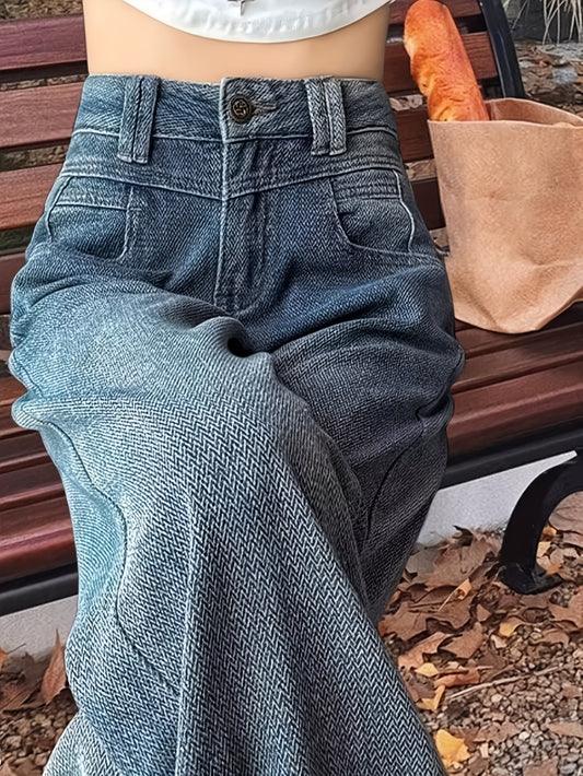 Retro Blue Distressed Jeans Retro Blue Distressed Women's High-Rise Loose Straight Cut Jeans | Frayed Hem Y2K 90s Style Denim Pants, Machine Washable Casual All-Season Comfort