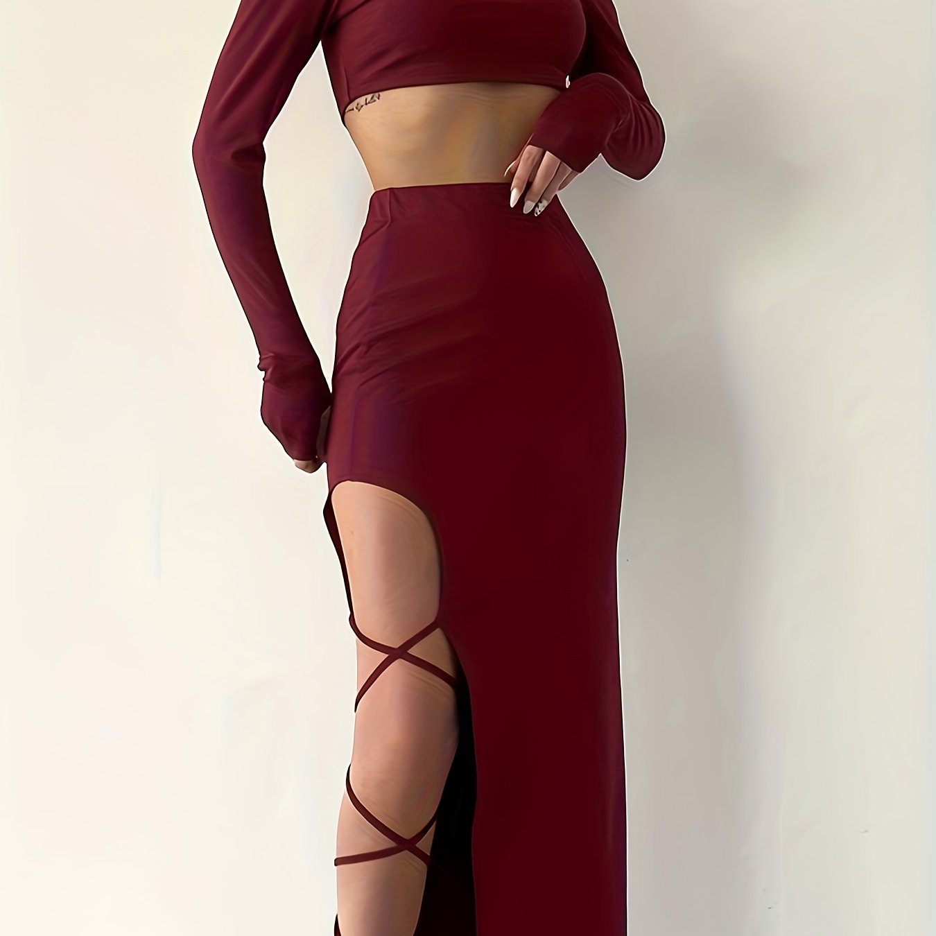 Long Sleeve Round Neck Lace-up Half Skirt Suit
