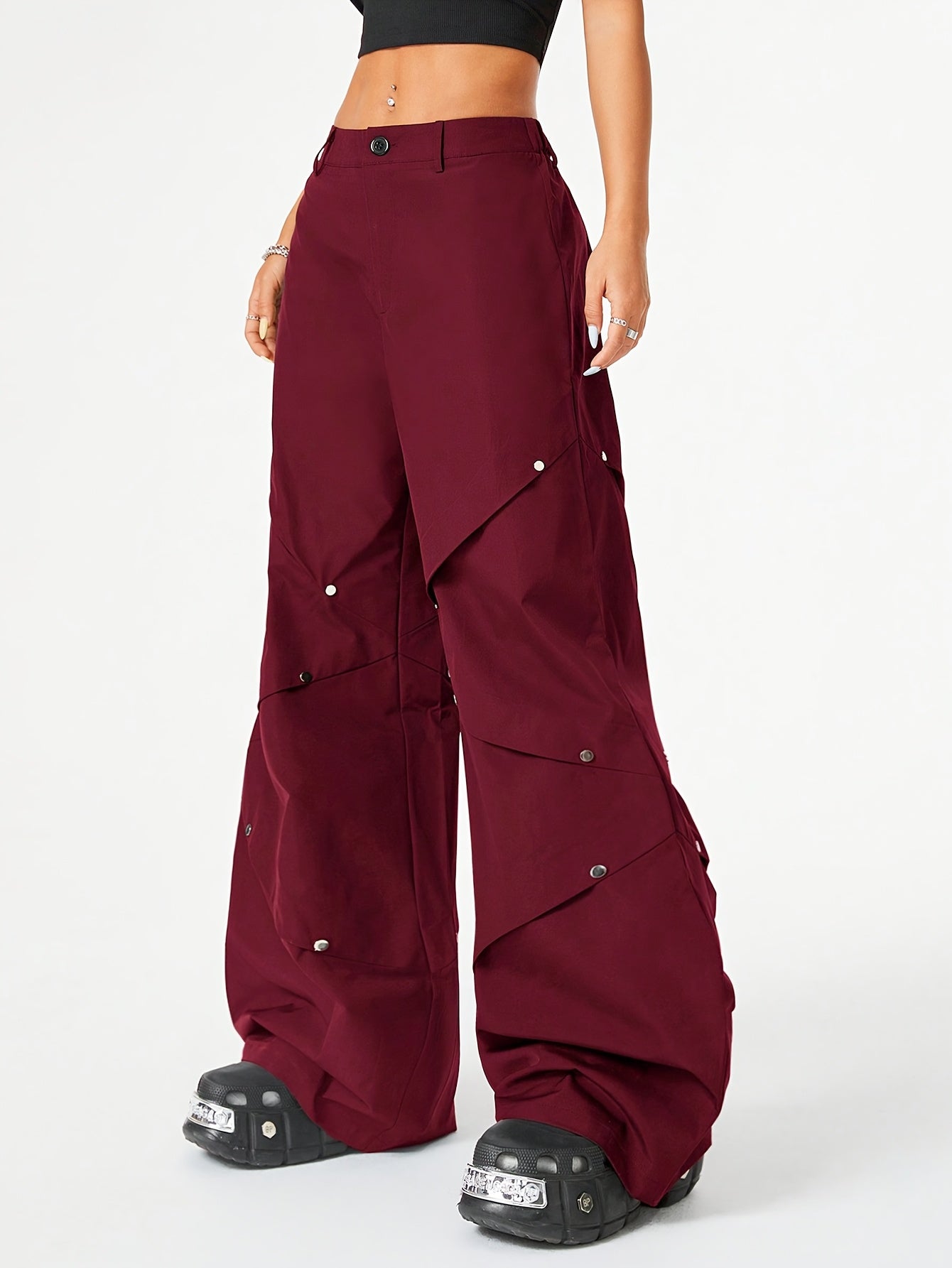 New Hot-selling Women's Trousers Street Style Versatile Casual Trend Wine Red Splicing Rivet Pleated Pants