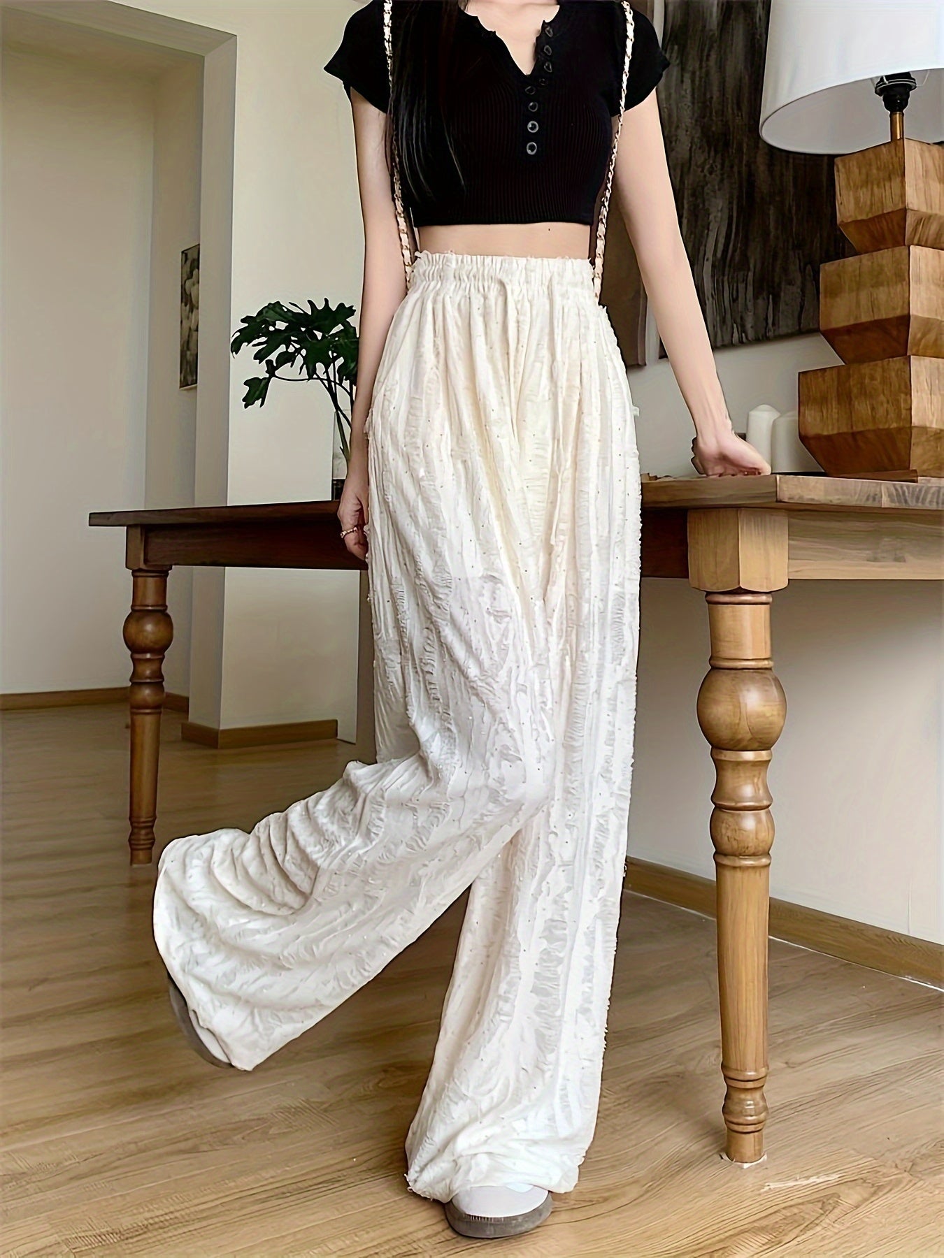 Solid Wide Leg Wide Leg Pants, Casual Ripped Holes Tied Elastic Waist Comfy Pants For Summer & Fall, Women's Clothing