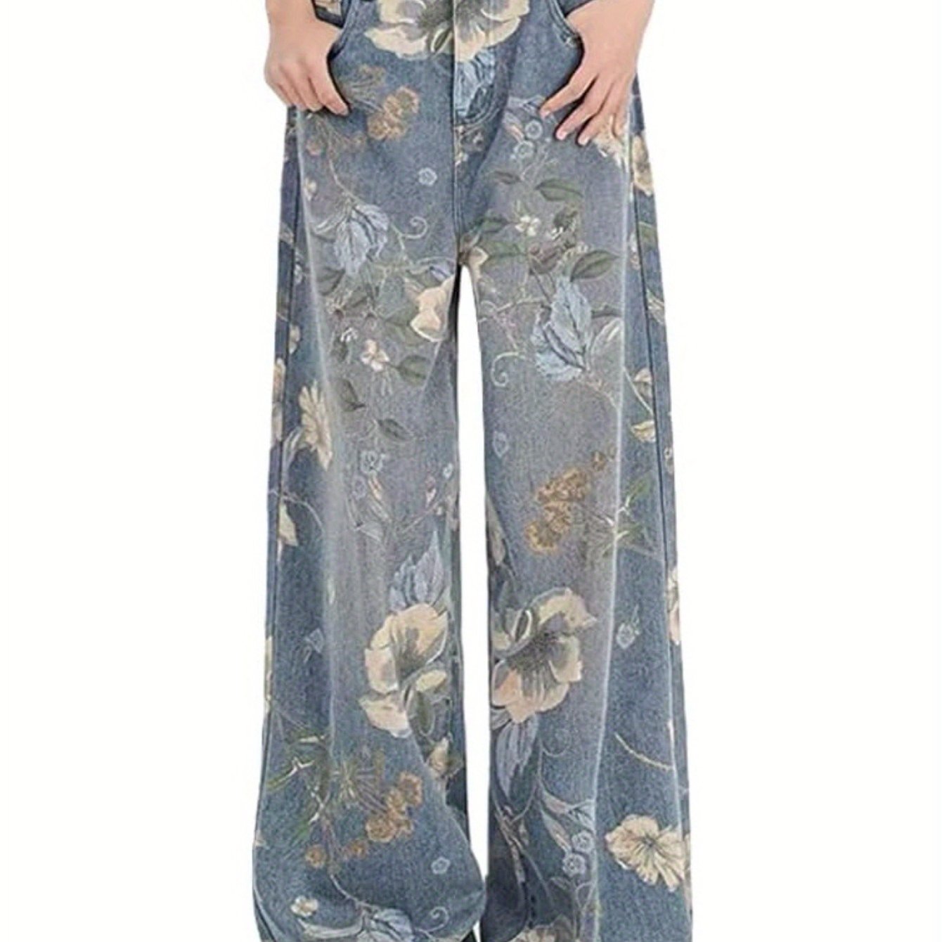 1pc Y2K 90s Inspired High-Waisted Wide Leg Faux Denim Faux Denim for Women, Casual Floral Washed Cotton Fabric, All-Season Straight Leg Non-Stretch Pants