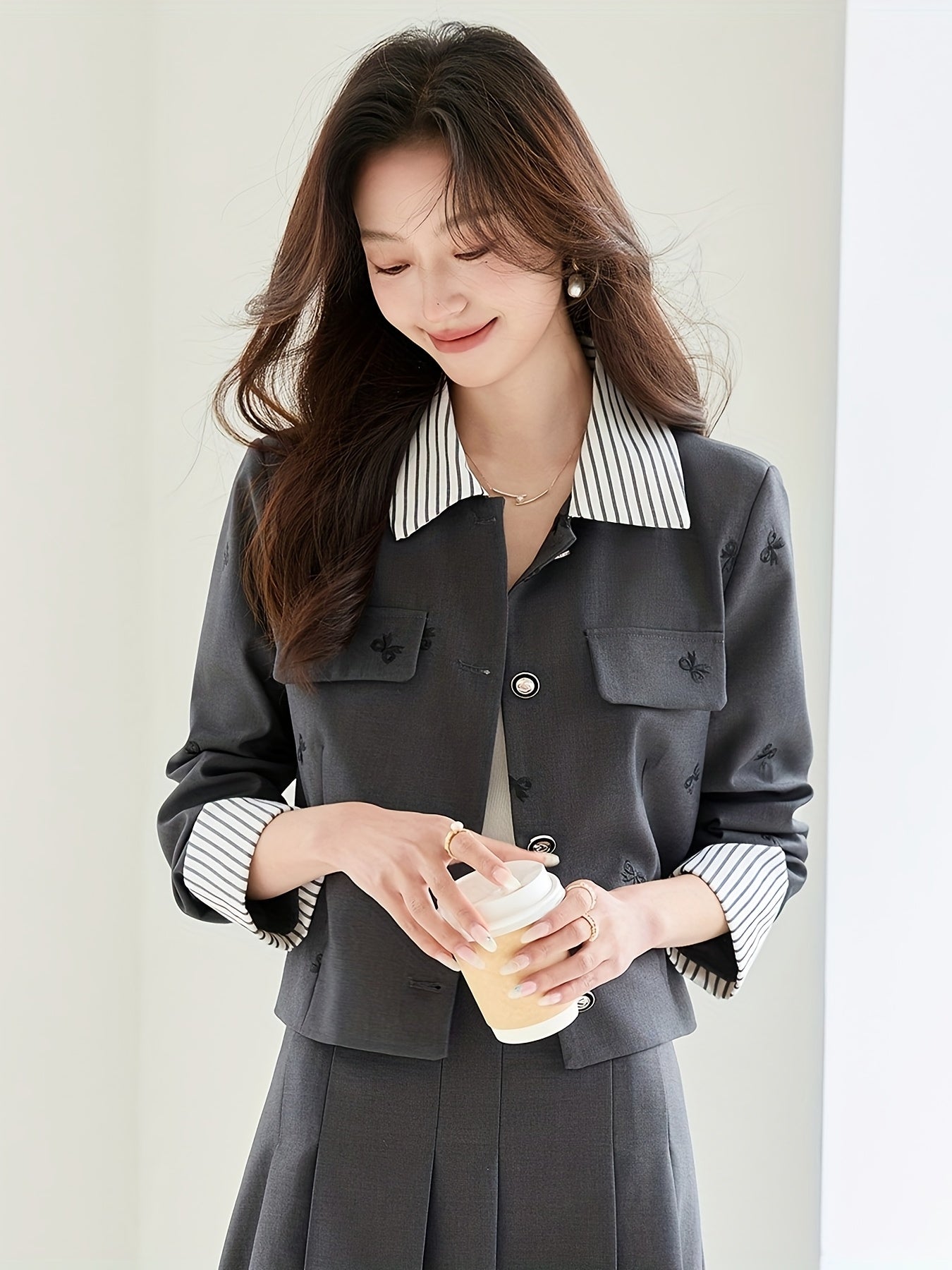 Elegant French-Inspired Butterfly Print Women'S Suit - Chic Black & White Striped Short Jacket with Embroidered Detail, Matching Midi Skirt Set for Spring\u002FFall, Button-Up, Non-Stretch Fabric