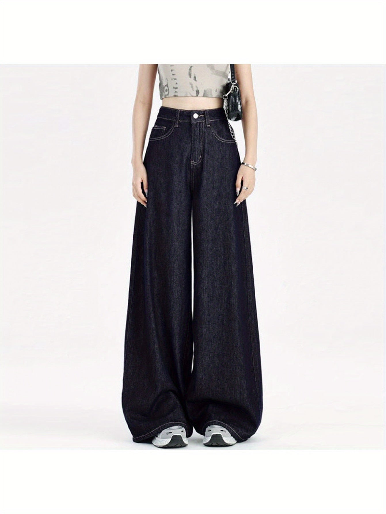 Stylish High-Waist Jeans High-Waist Wide-Leg Jeans for Women | Dark Blue Loose Fit Draped Denim Pants with Pockets, Relaxed American Style, Comfortable Fashion, Durable Fabric