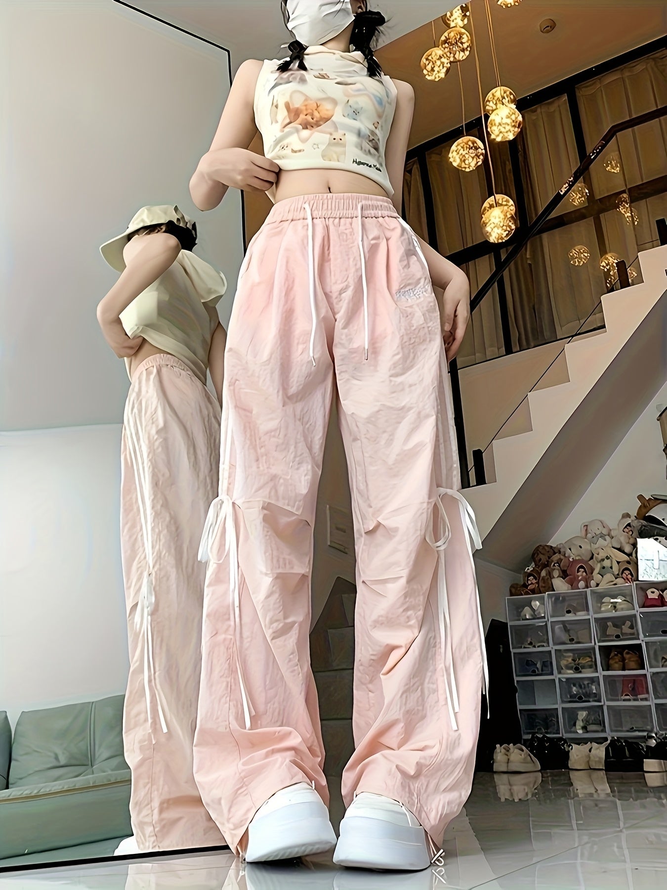 Women'S High-Waisted Wide-Leg Pants with Bow Detail - Breathable Lightweight Casual Trousers, Loose Fit Straight-Leg Design for Spring Summer Fall, Versatile for Casual Attire, High Waisted Pants, Comfortable Clothing, Durable Fabric