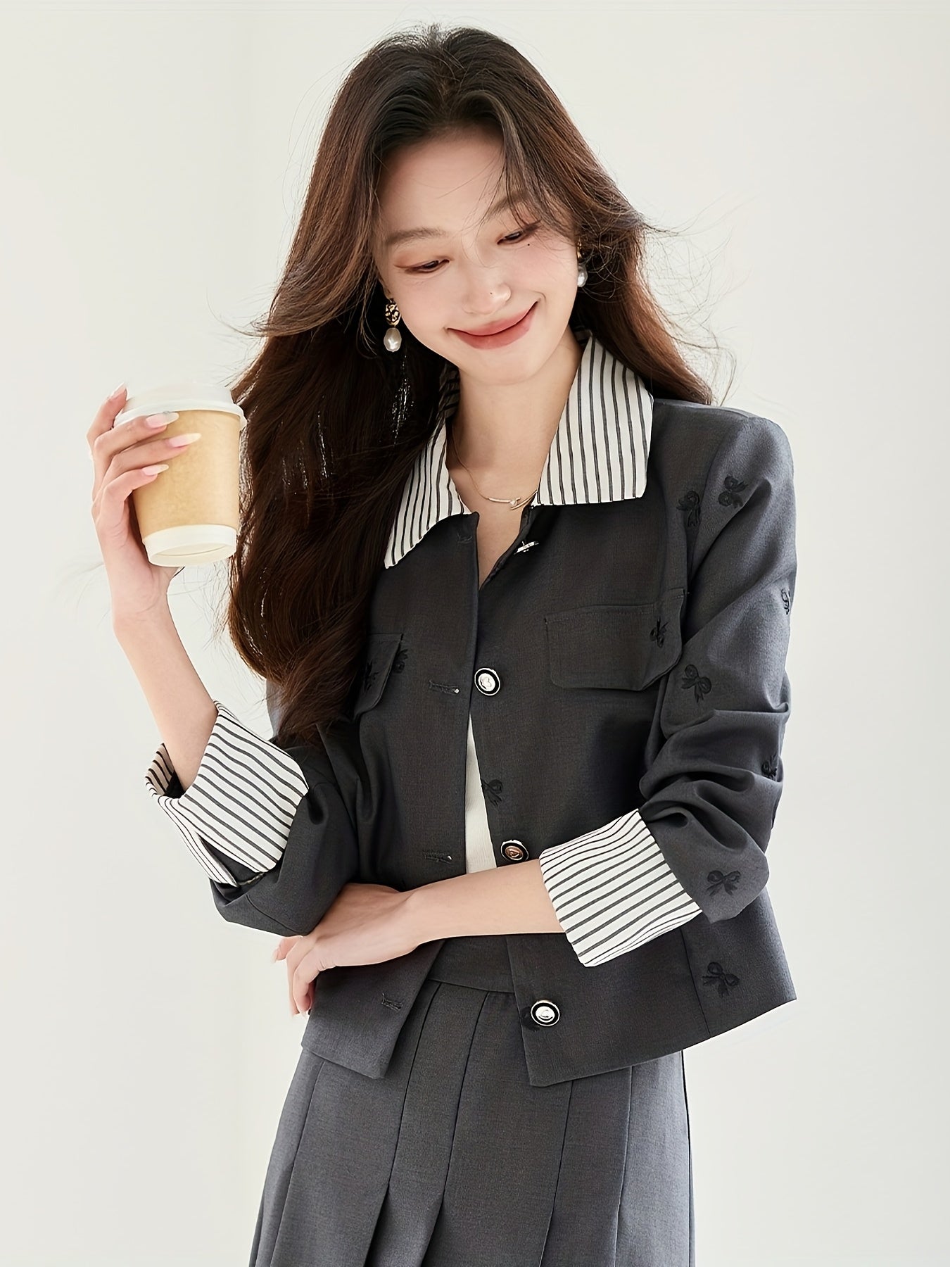 Elegant French-Inspired Butterfly Print Women'S Suit - Chic Black & White Striped Short Jacket with Embroidered Detail, Matching Midi Skirt Set for Spring\u002FFall, Button-Up, Non-Stretch Fabric