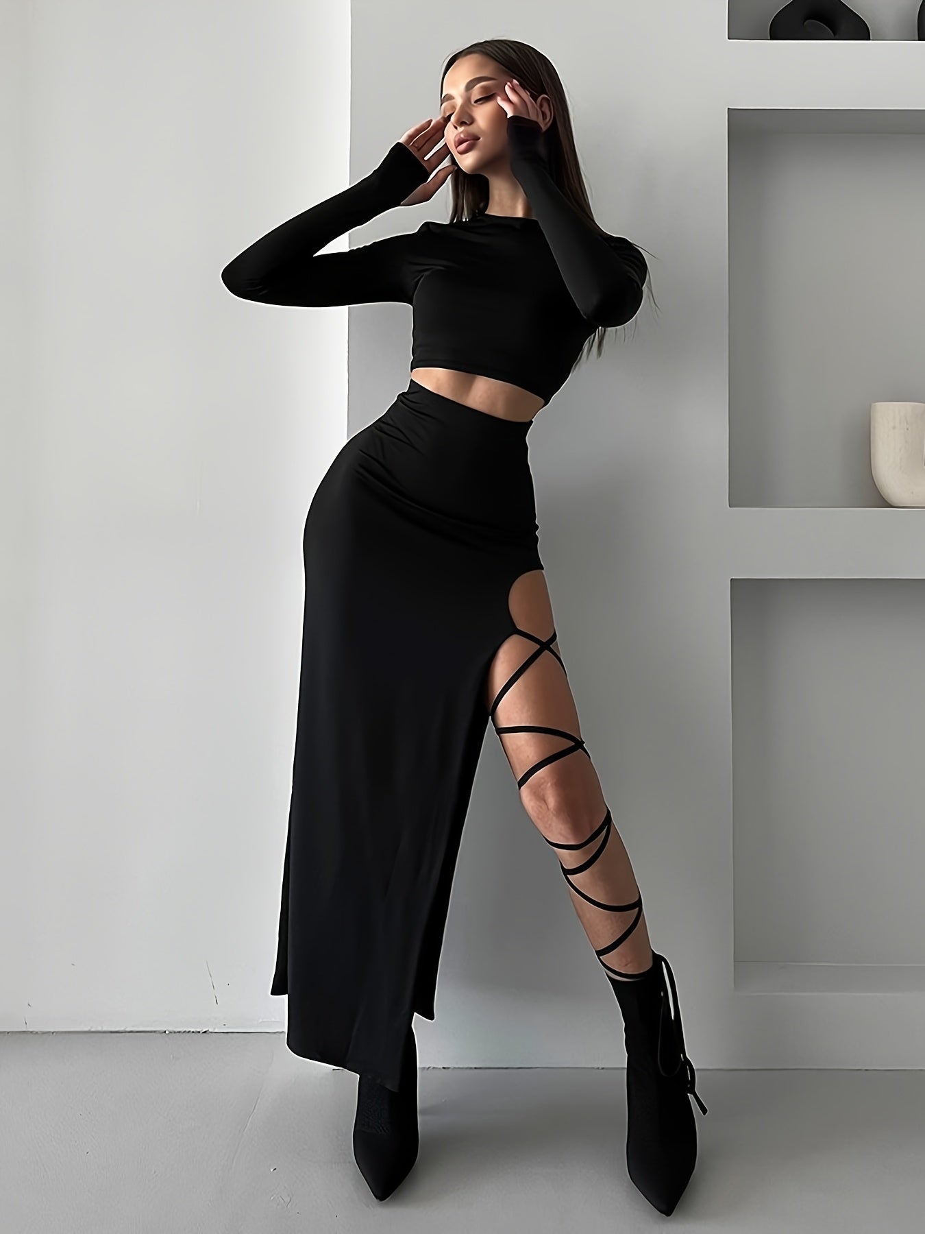 Long Sleeve Round Neck Lace-up Half Skirt Suit