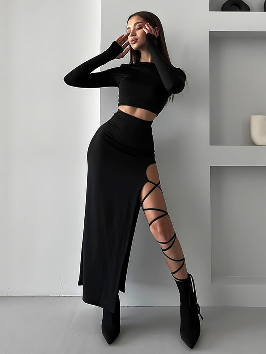 Long Sleeve Round Neck Lace-up Half Skirt Suit