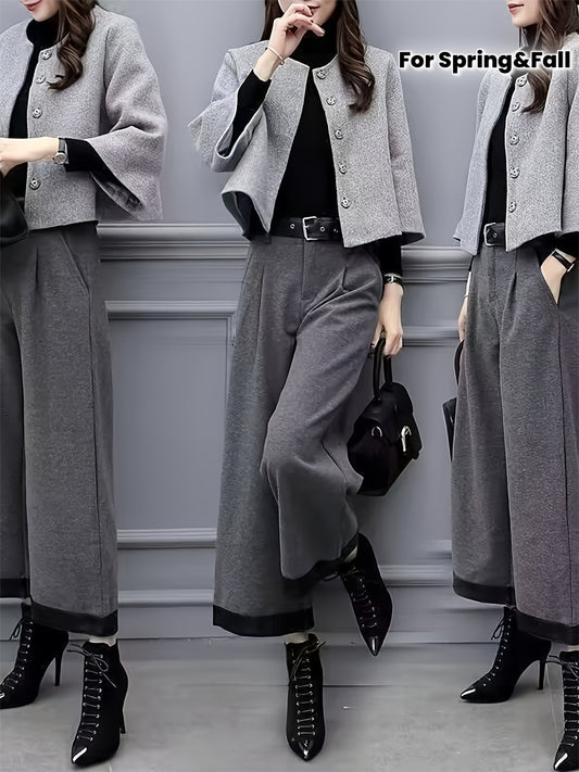 Elegant Socialite New Spring and Autumn Two-Piece Set Fleece Coat Internet Celebrity Fashion Wide-Leg Pants Suit