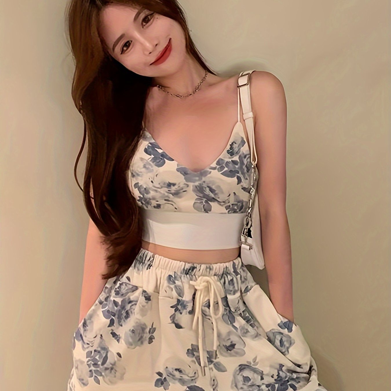 Women Casual 2pcs Temperament Pants Outfits Floral Print V-Neck Spaghetti Strap Camisole + Drawstring Elastic Waist Long Pants Set